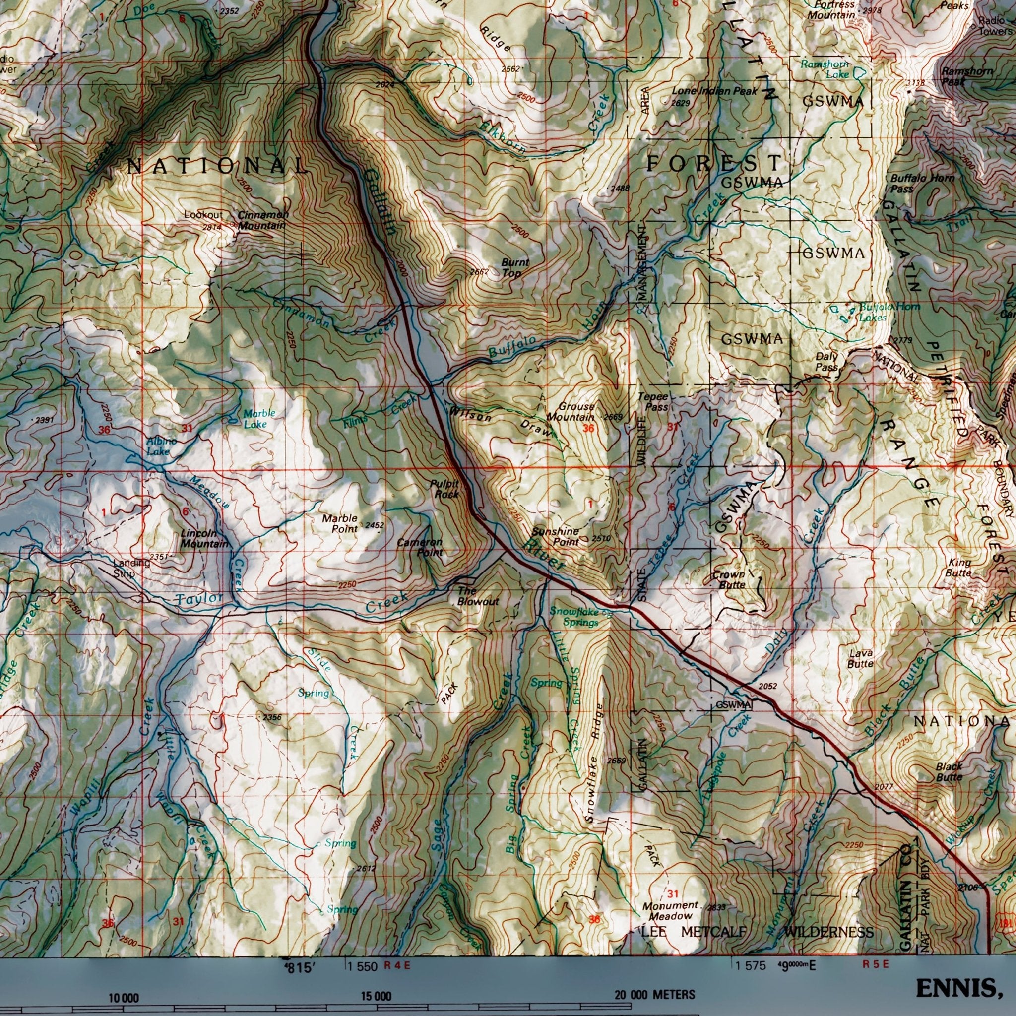 Big Sky, Montana 1989 Shaded Relief Map - Muir Way - Vintage Relief
