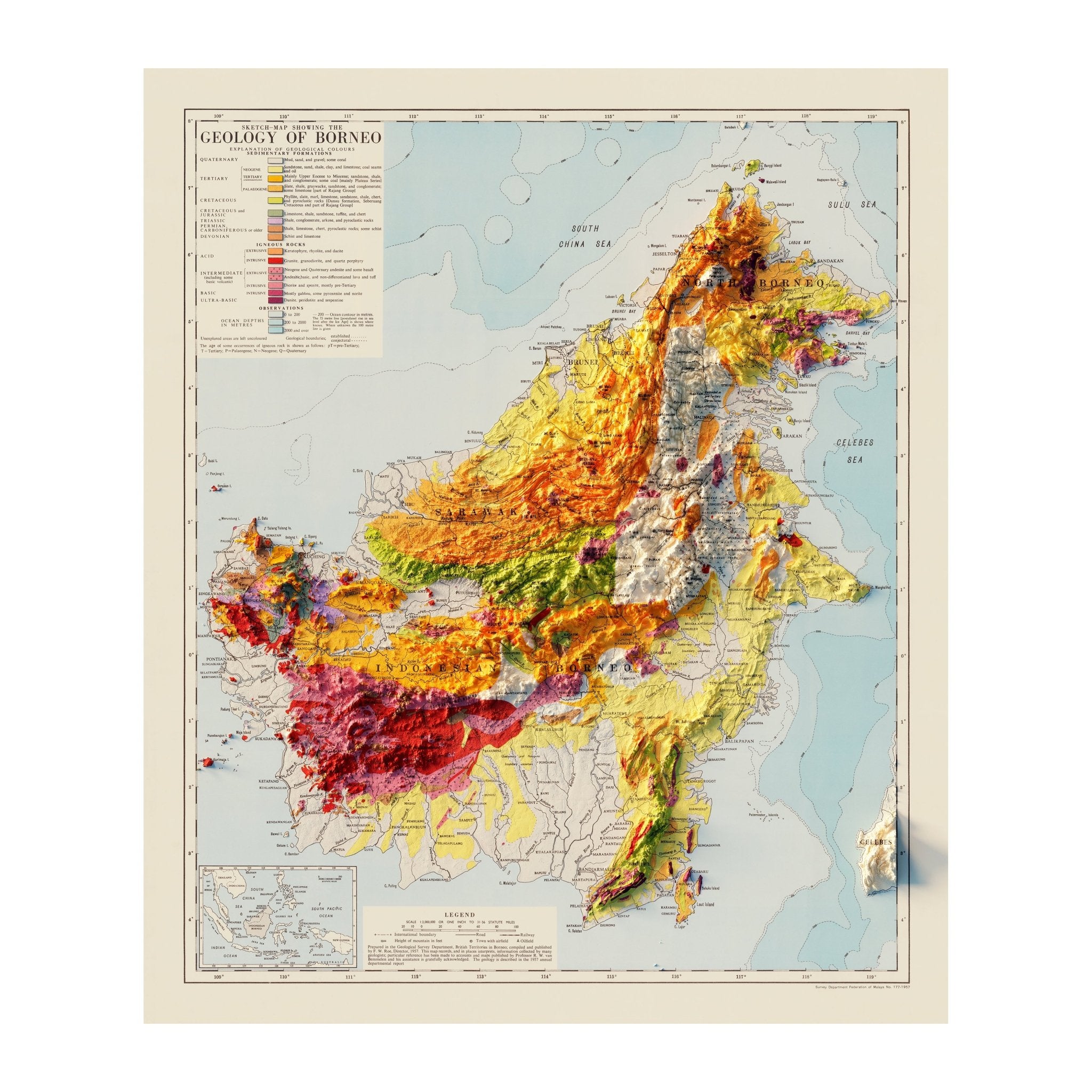 Borneo 1957 Shaded Relief Map - Muir Way - Vintage Relief