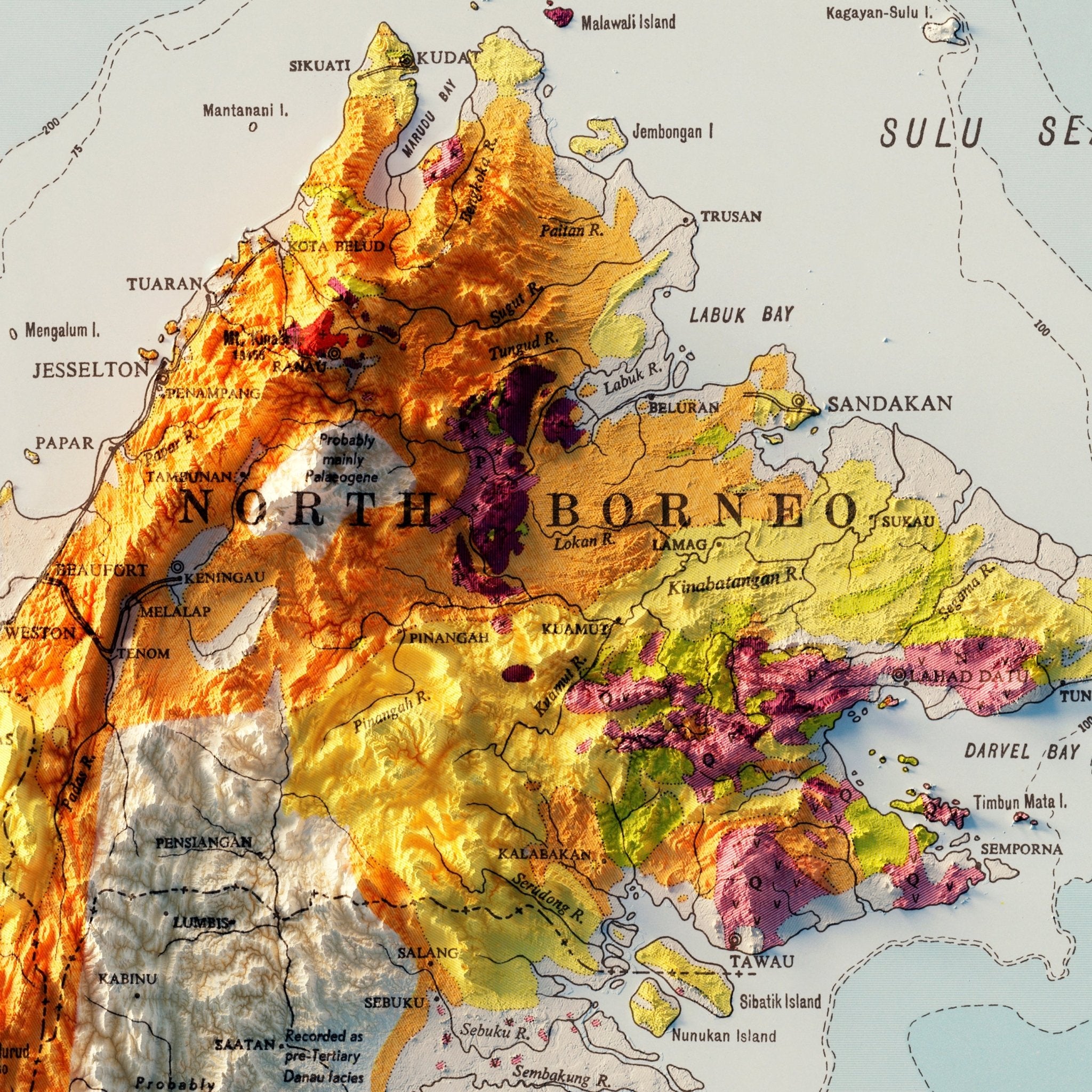 Borneo 1957 Shaded Relief Map - Muir Way - Vintage Relief