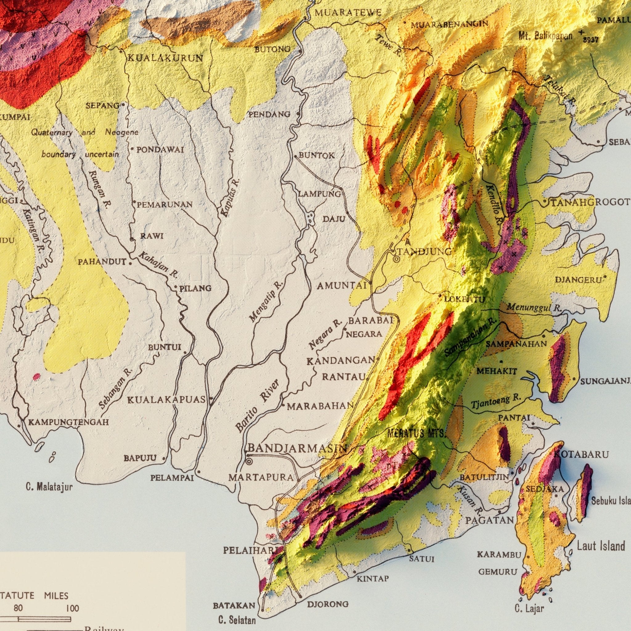 Borneo 1957 Shaded Relief Map - Muir Way - Vintage Relief
