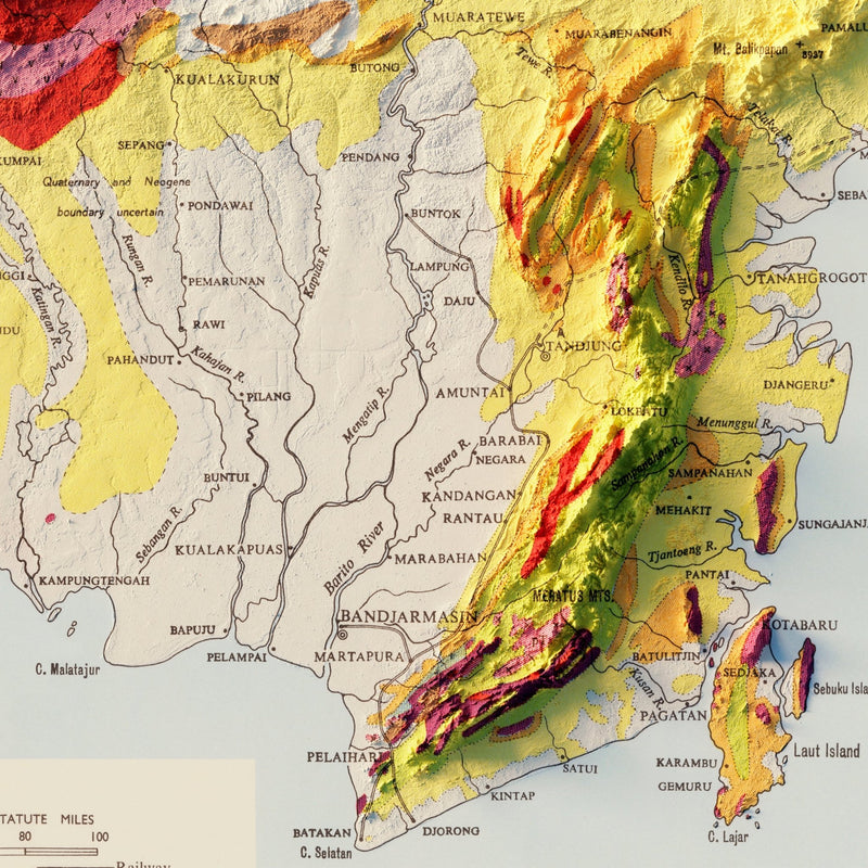 Borneo 1957 Shaded Relief Map - Muir Way - Vintage Relief