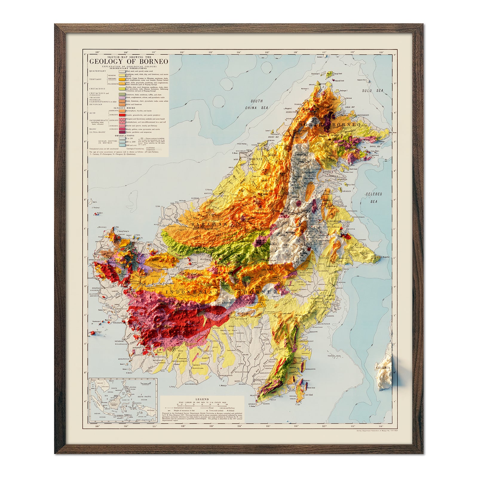 Vintage Borneo Relief Map - 1957