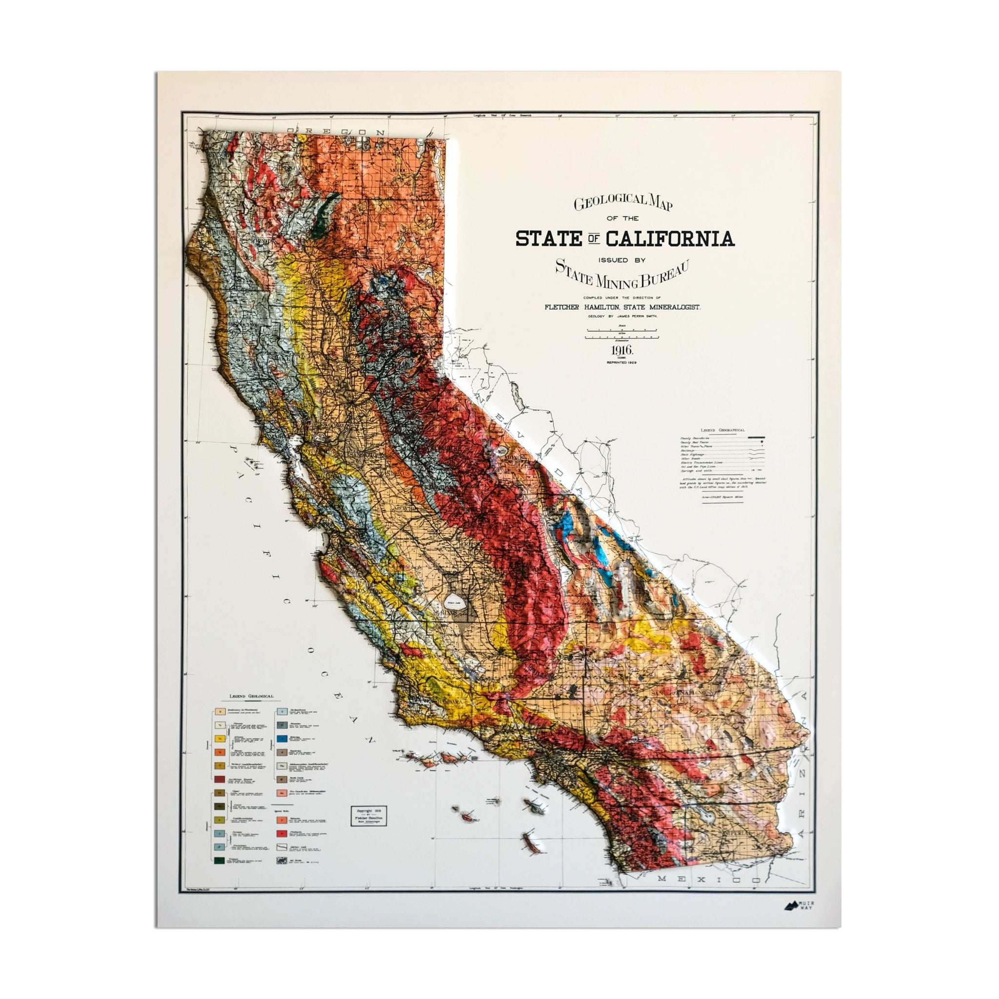 California 1916 3D Raised Relief Map - Muir Way - 3D