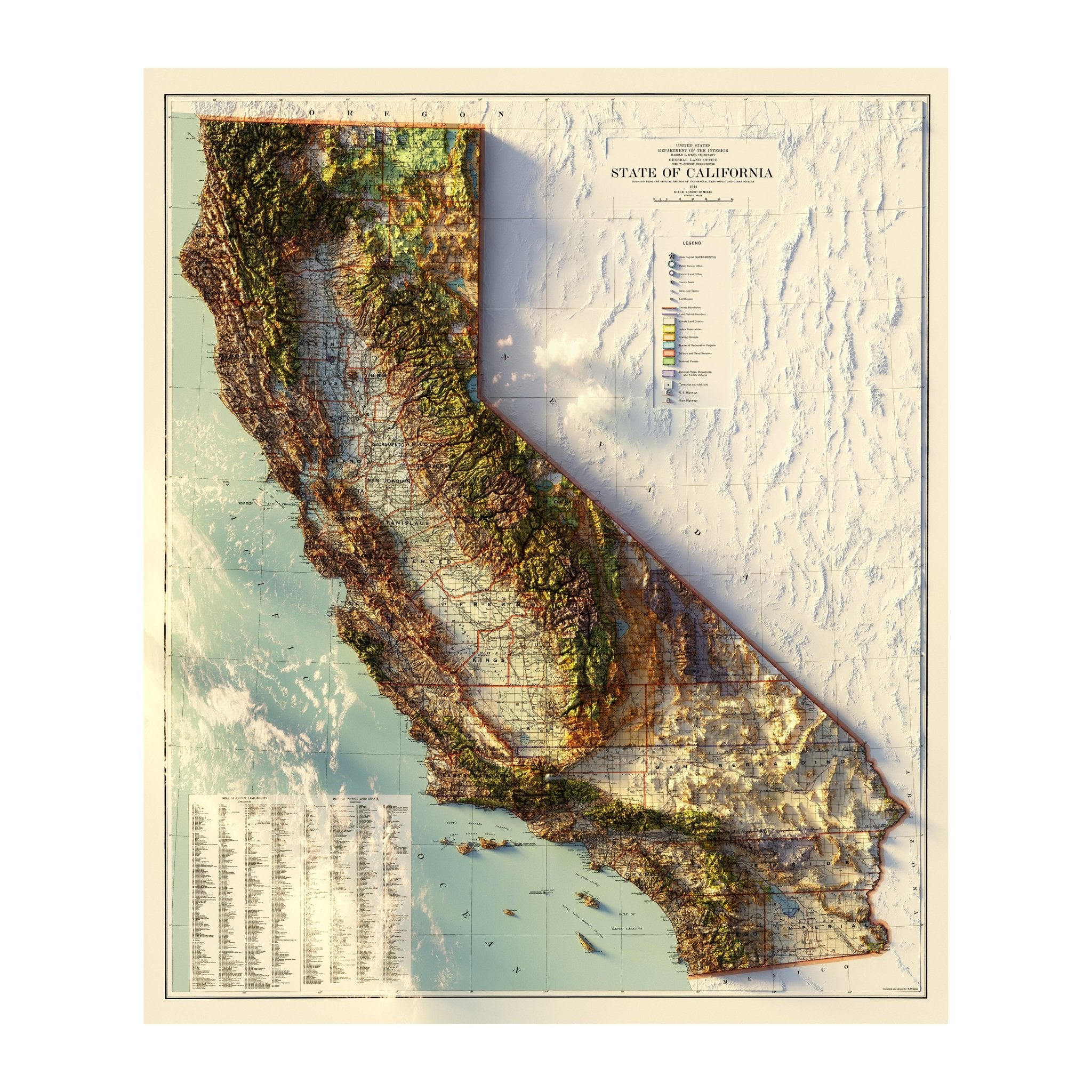 California 1944 Shaded Relief Map - Muir Way - Vintage Relief
