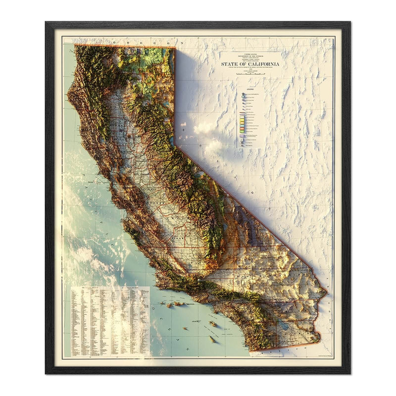 California 1944 Shaded Relief Map - Muir Way - Vintage Relief