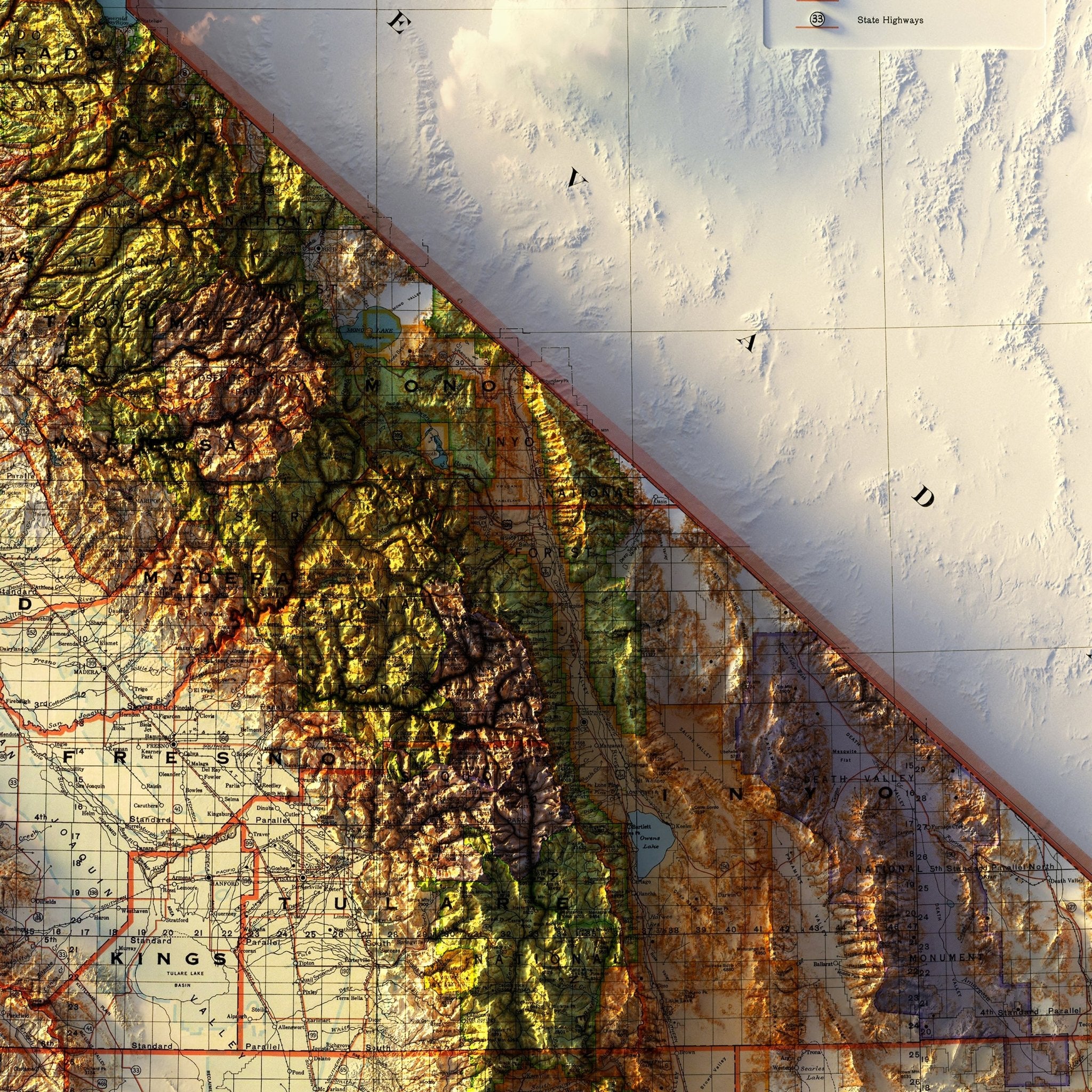 California 1944 Shaded Relief Map - Muir Way - Vintage Relief