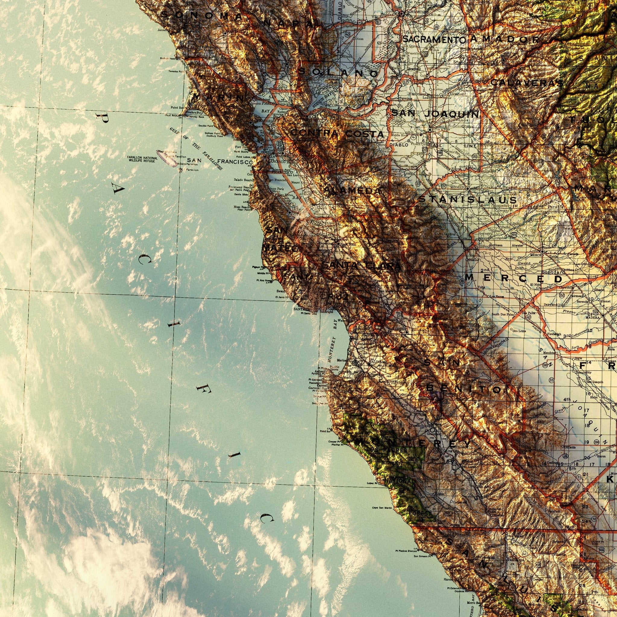 California 1944 Shaded Relief Map - Muir Way - Vintage Relief