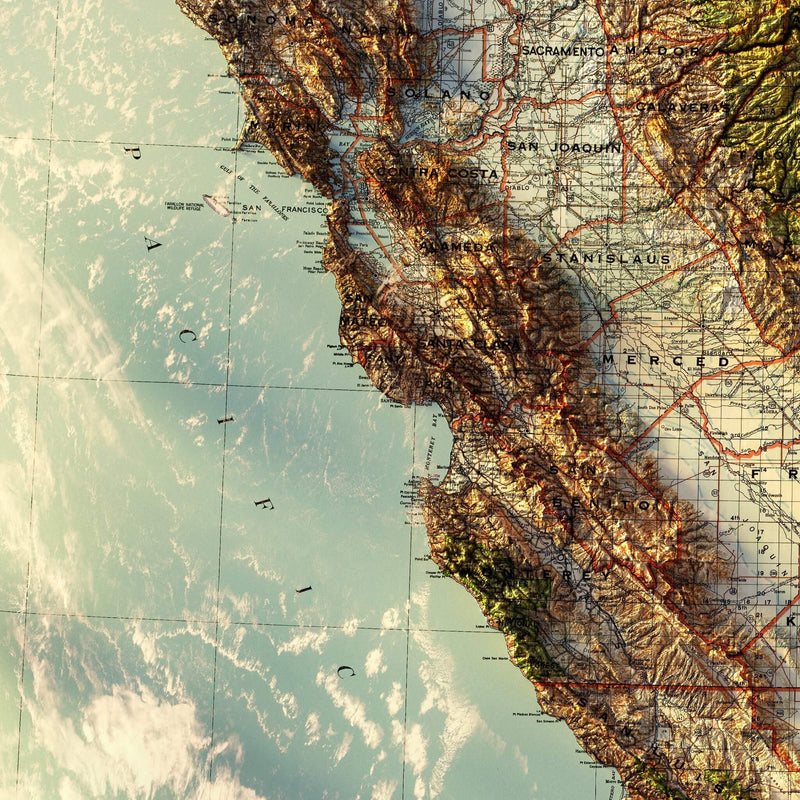 California 1944 Shaded Relief Map - Muir Way - Vintage Relief