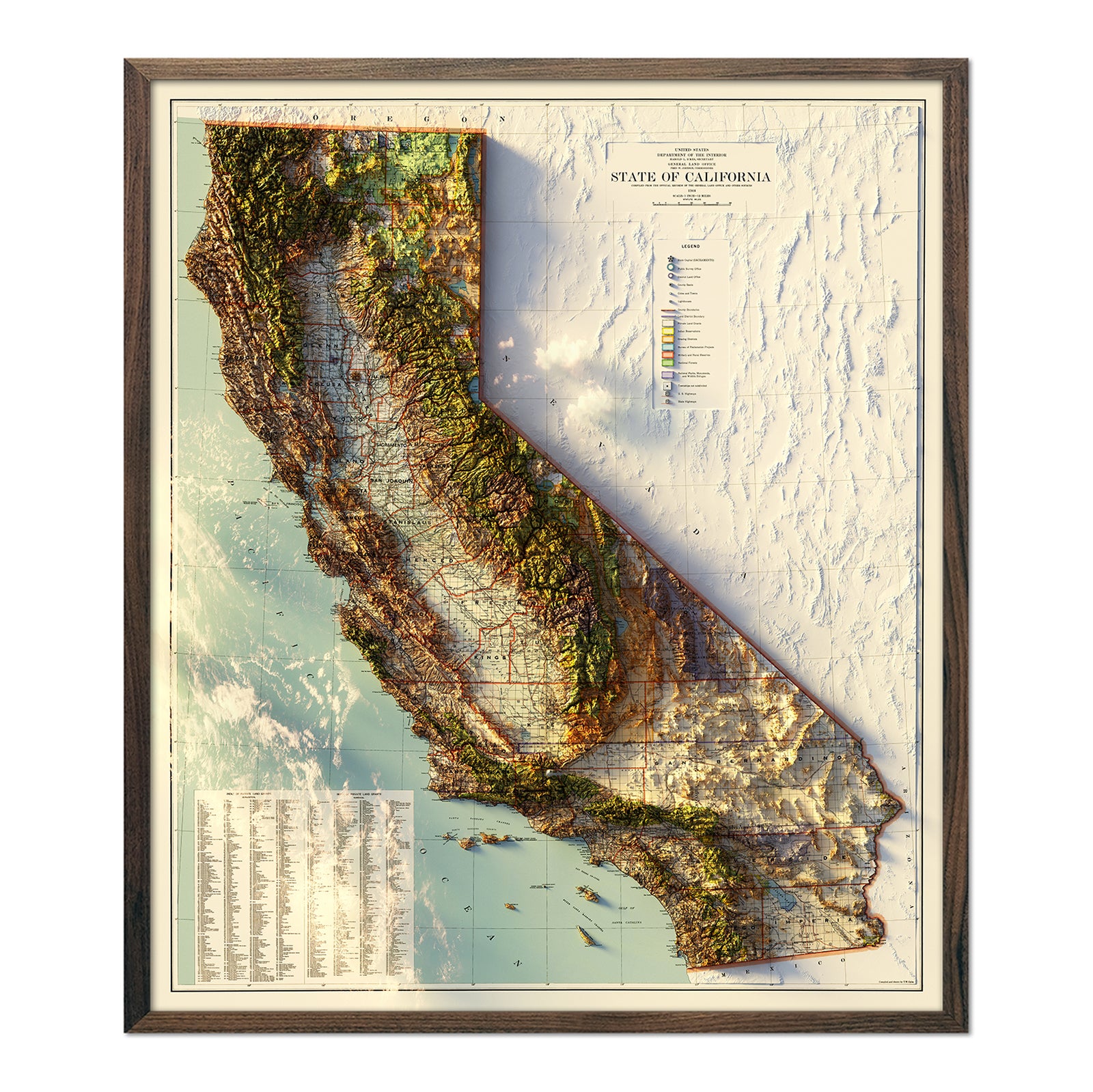 Vintage California Relief Map - 1944