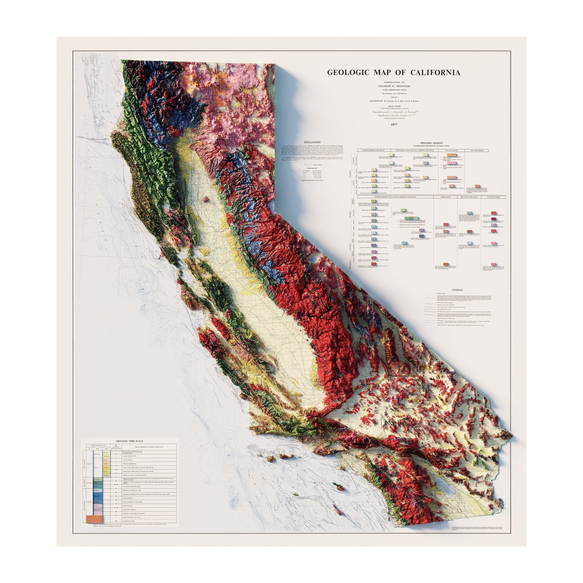 California 1977 Shaded Relief Map - Muir Way - Vintage Relief