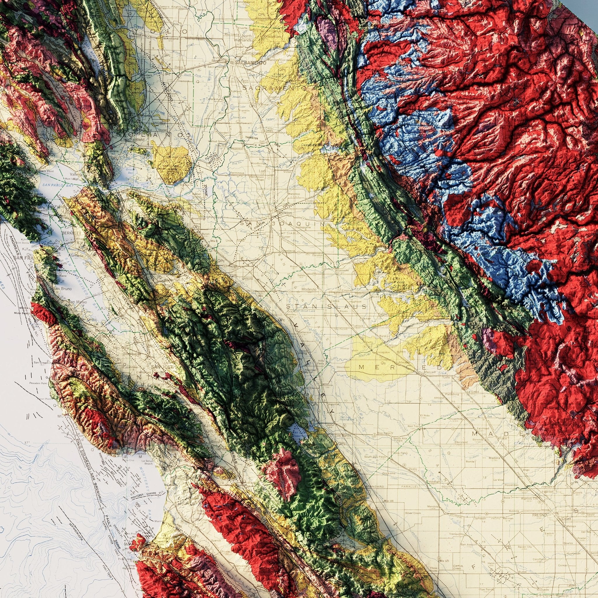 California 1977 Shaded Relief Map - Muir Way - Vintage Relief
