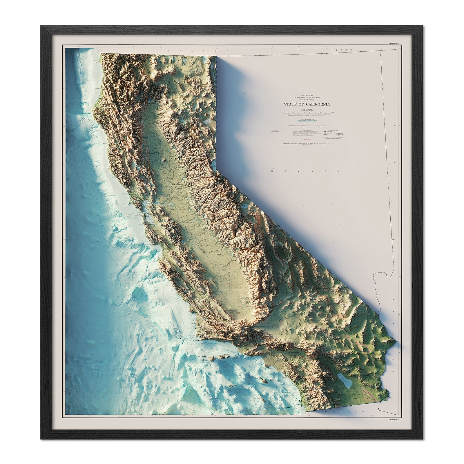California 1971 Shaded Relief Map - Muir Way - Vintage Relief
