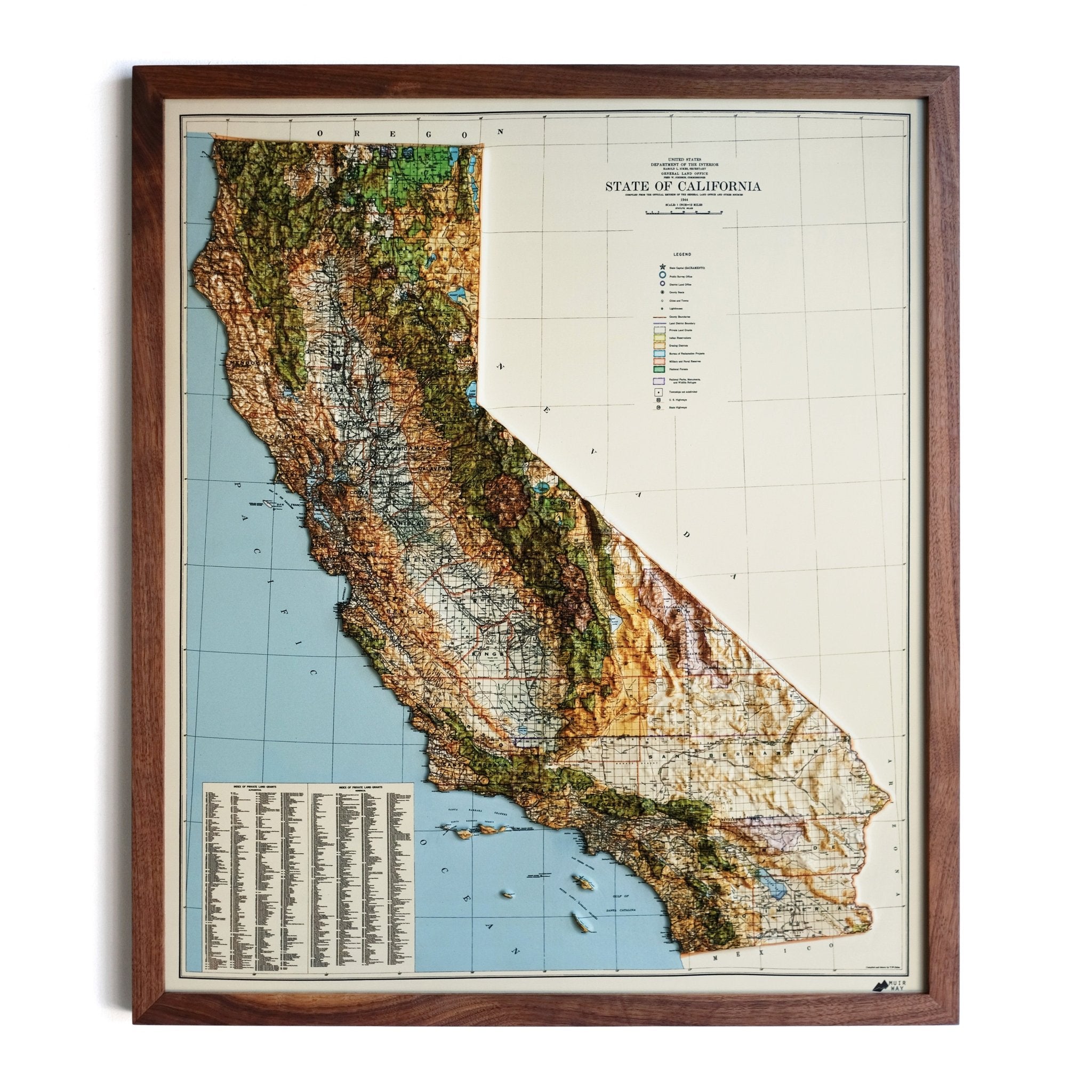 California 1944 3D Raised Relief Map - Muir Way - 3D