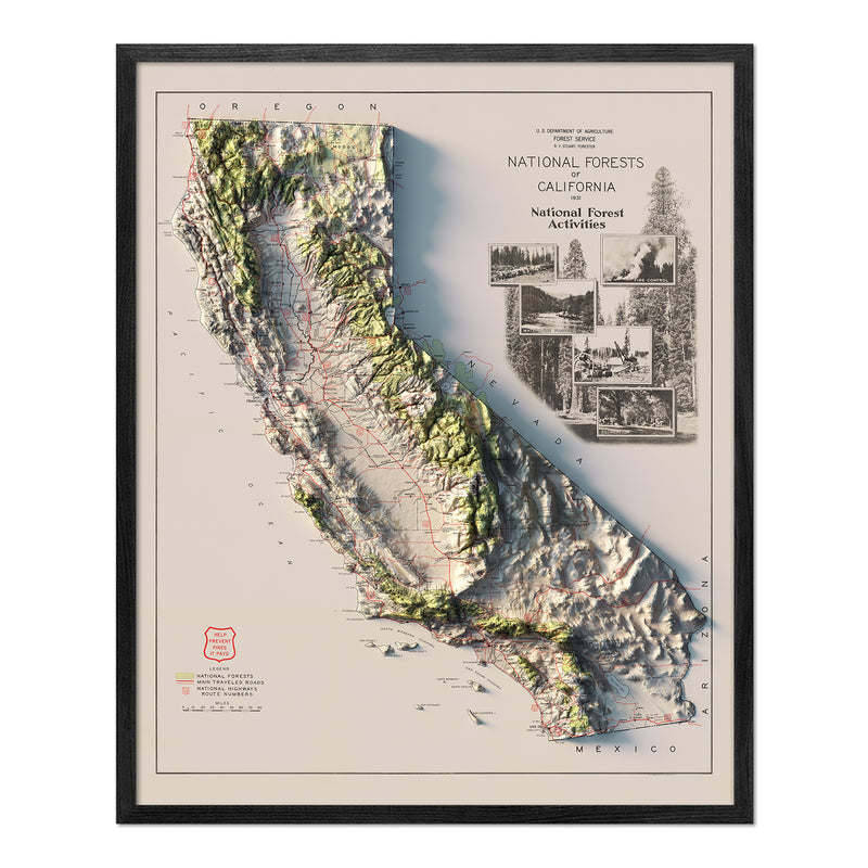 California 1931 National Forests Shaded Relief Map - Muir Way - Vintage Relief