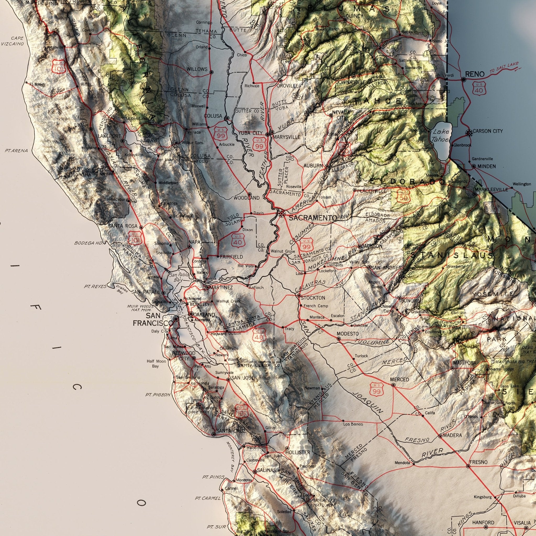 California 1931 National Forests Shaded Relief Map - Muir Way - Vintage Relief
