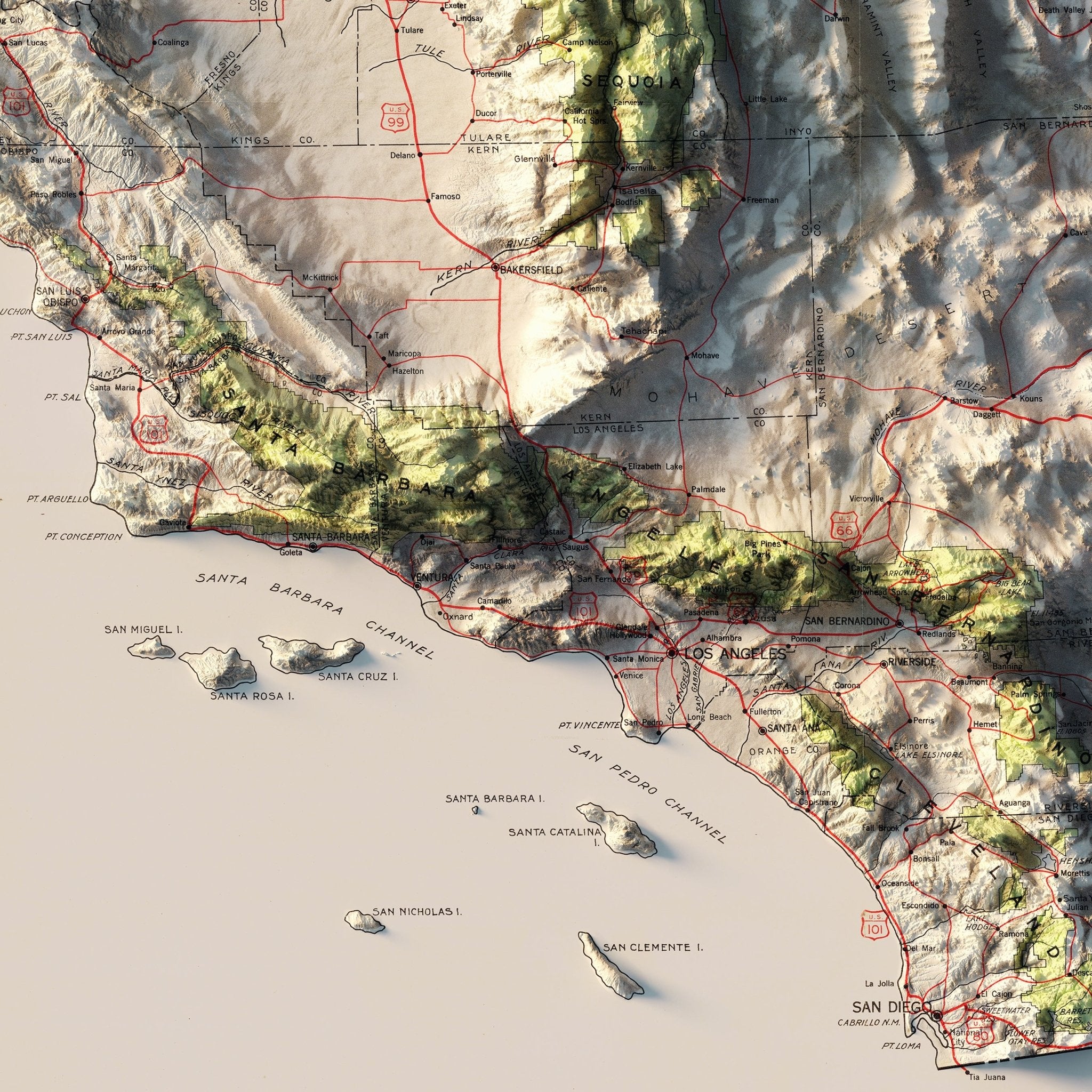 California 1931 National Forests Shaded Relief Map - Muir Way - Vintage Relief