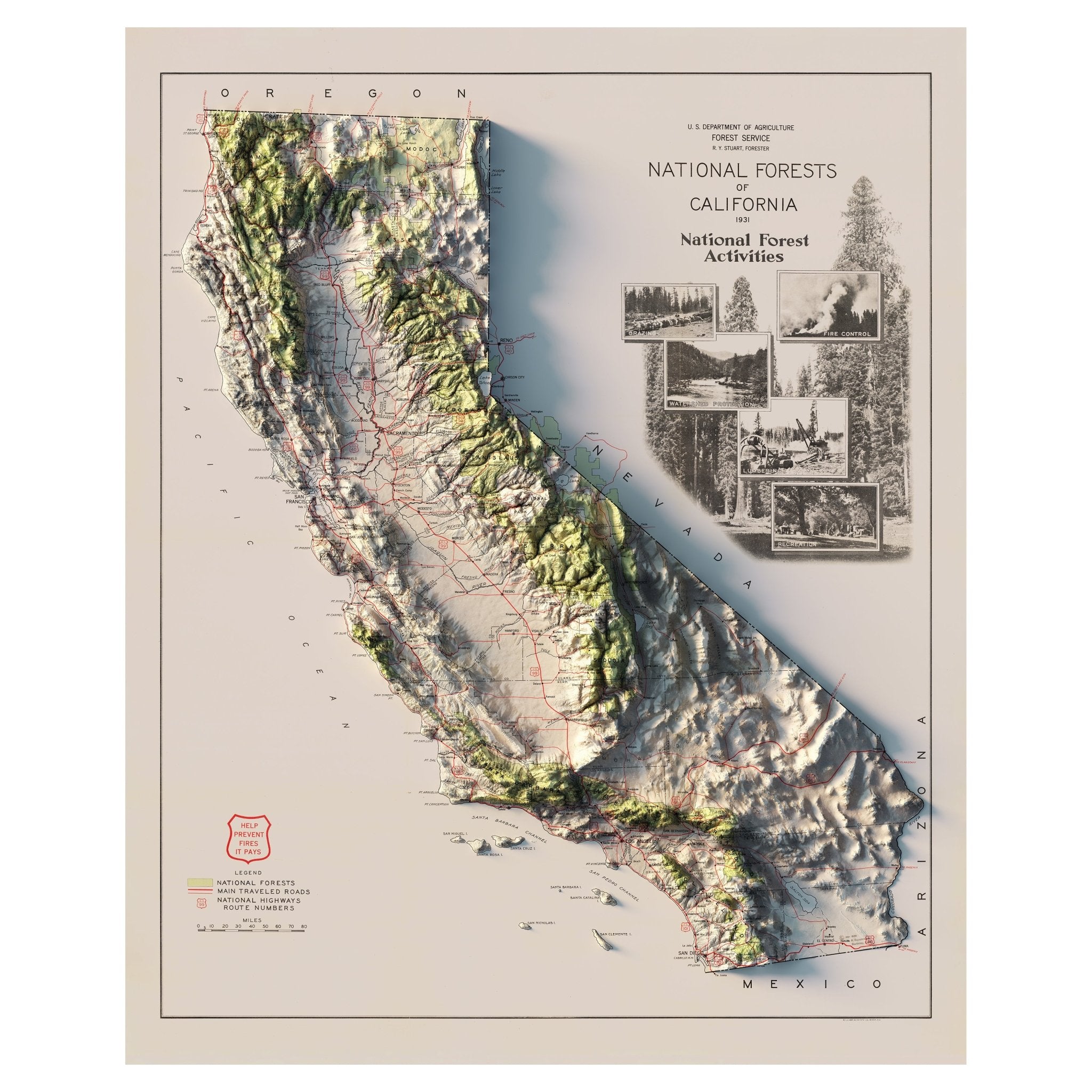 California 1931 National Forests Shaded Relief Map - Muir Way - Vintage Relief