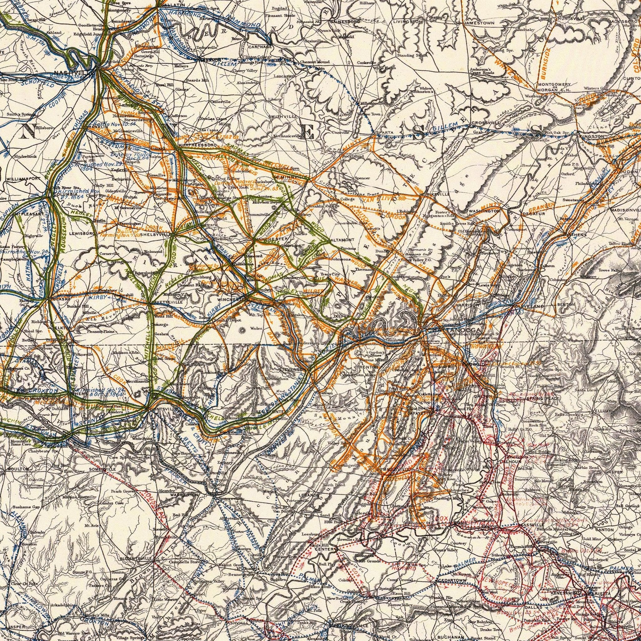 Campaigns in which Army of the Cumberland Took Part - Muir Way - Vintage Map