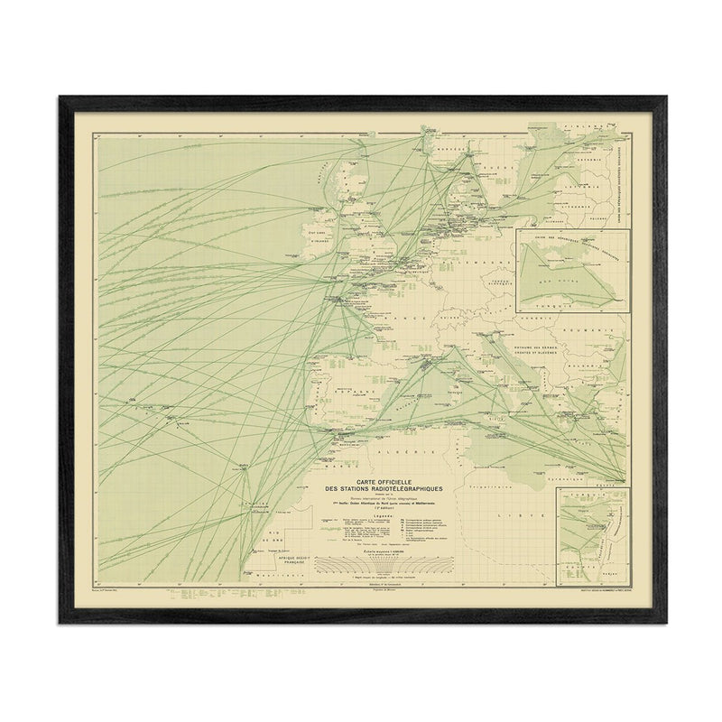 Carte Officielle des Stations Radiotelegraphiques of the Atlantic Ocean NE and Mediterranean 1925 - Muir Way - Vintage Map