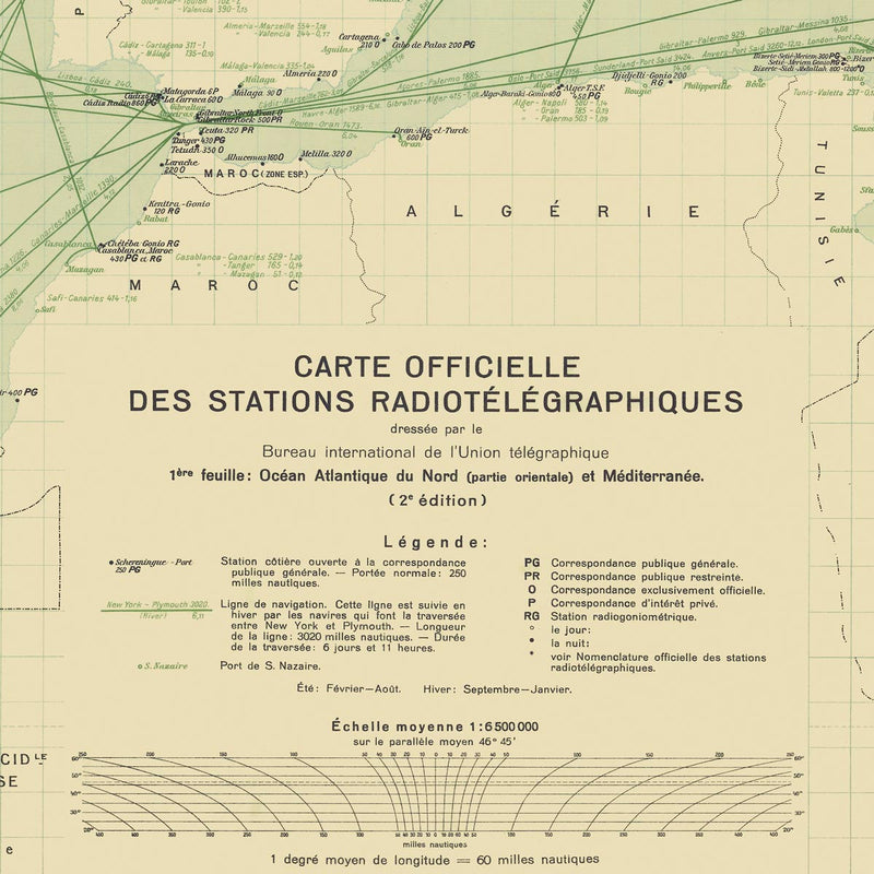 Carte Officielle des Stations Radiotelegraphiques of the Atlantic Ocean NE and Mediterranean 1925 - Muir Way - Vintage Map