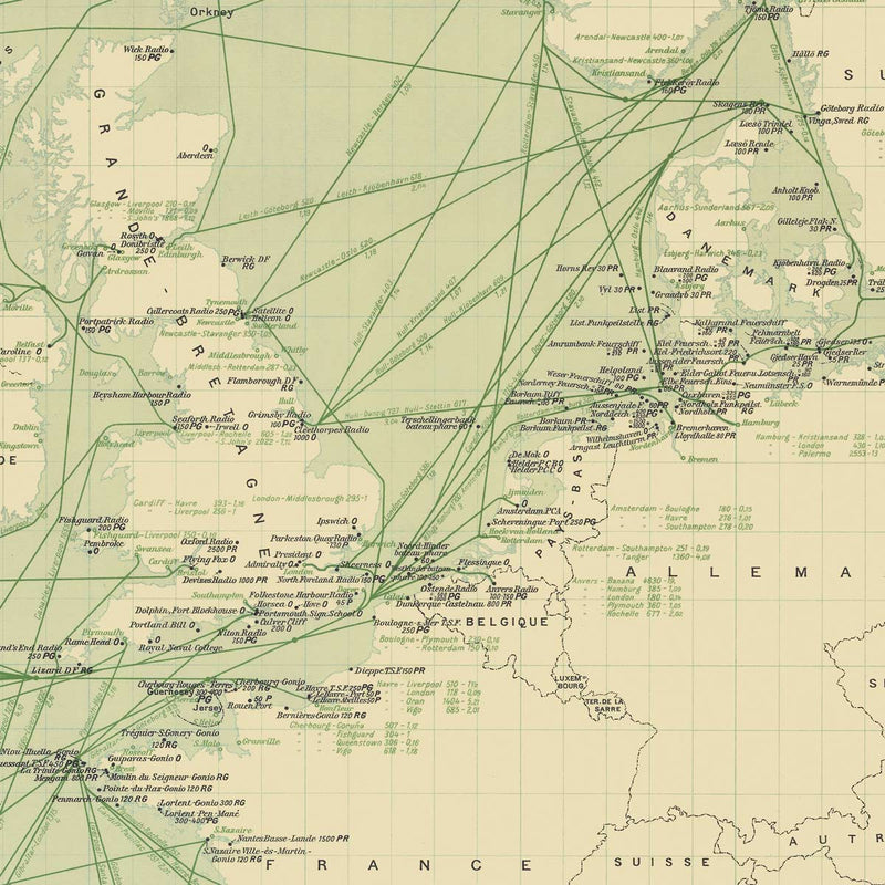 Carte Officielle des Stations Radiotelegraphiques of the Atlantic Ocean NE and Mediterranean 1925 - Muir Way - Vintage Map
