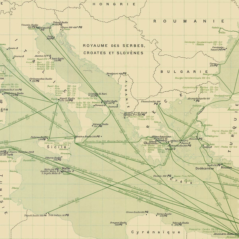 Carte Officielle des Stations Radiotelegraphiques of the Atlantic Ocean NE and Mediterranean 1925 - Muir Way - Vintage Map