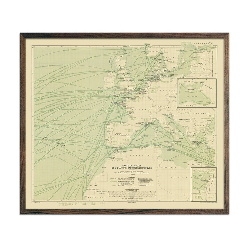 Carte Officielle des Stations Radiotelegraphiques of the Atlantic Ocean NE and Mediterranean 1925 - Muir Way - Vintage Map