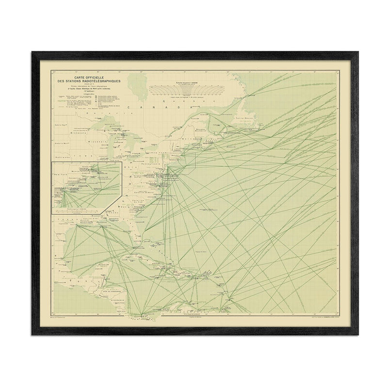 Carte Officielle des Stations Radiotelegraphiques of the Atlantic Ocean NW 1925 - Muir Way - Vintage Map