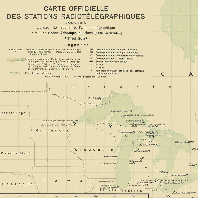 Carte Officielle des Stations Radiotelegraphiques of the Atlantic Ocean NW 1925 - Muir Way - Vintage Map