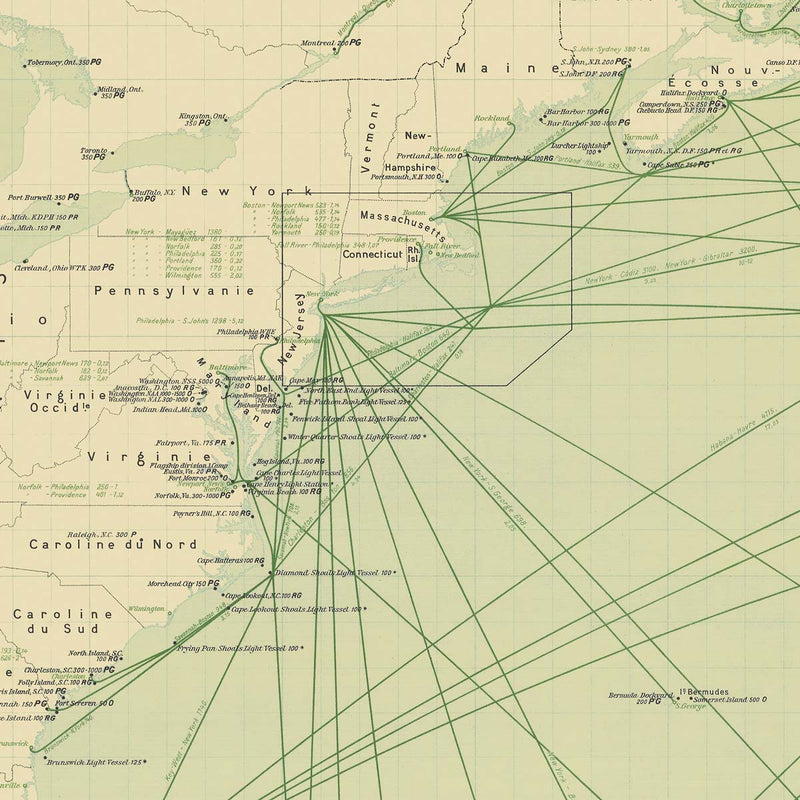 Carte Officielle des Stations Radiotelegraphiques of the Atlantic Ocean NW 1925 - Muir Way - Vintage Map