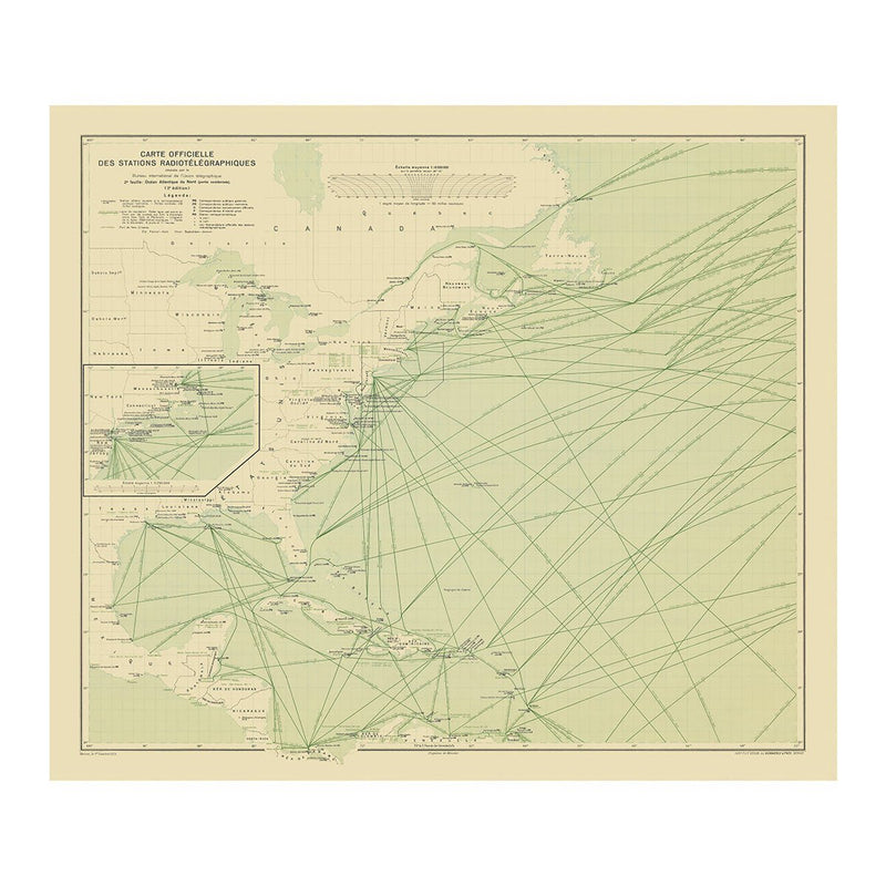 Carte Officielle des Stations Radiotelegraphiques of the Atlantic Ocean NW 1925 - Muir Way - Vintage Map