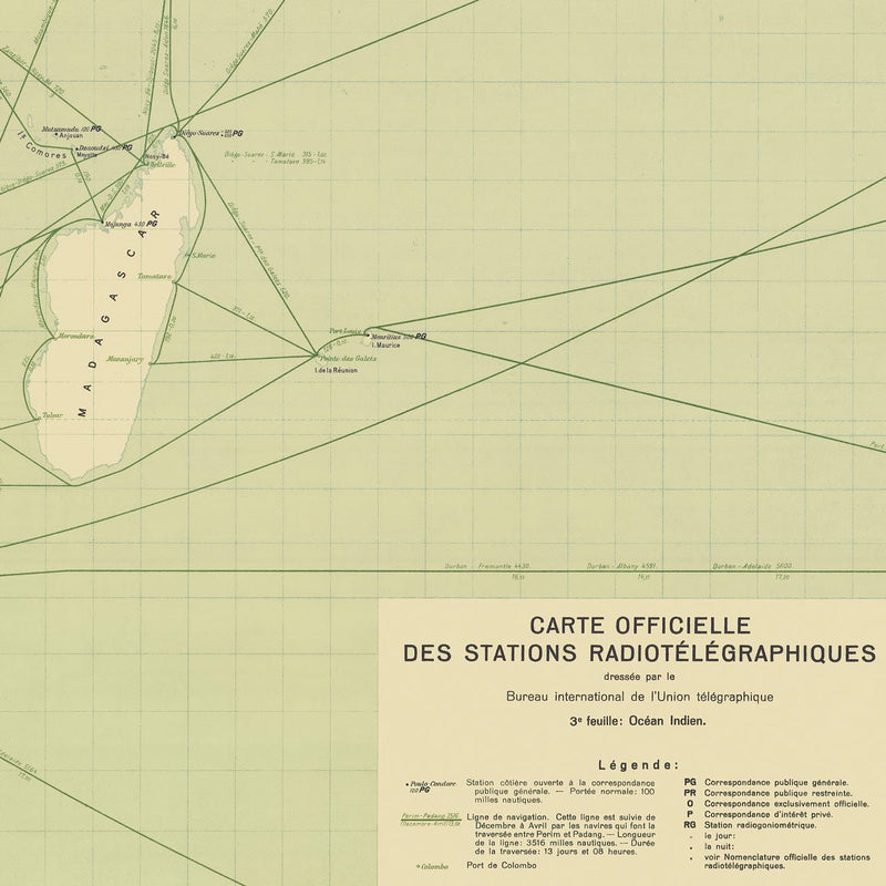 Carte Officielle des Stations Radiotelegraphiques of the Indian Ocean 1925 - Muir Way - Vintage Map