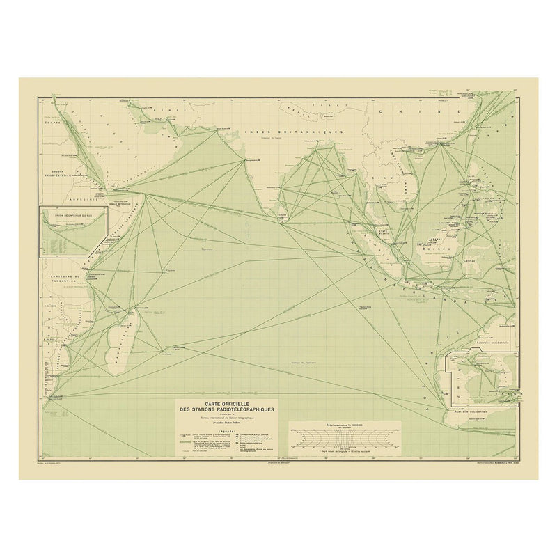 Carte Officielle des Stations Radiotelegraphiques of the Indian Ocean 1925 - Muir Way - Vintage Map