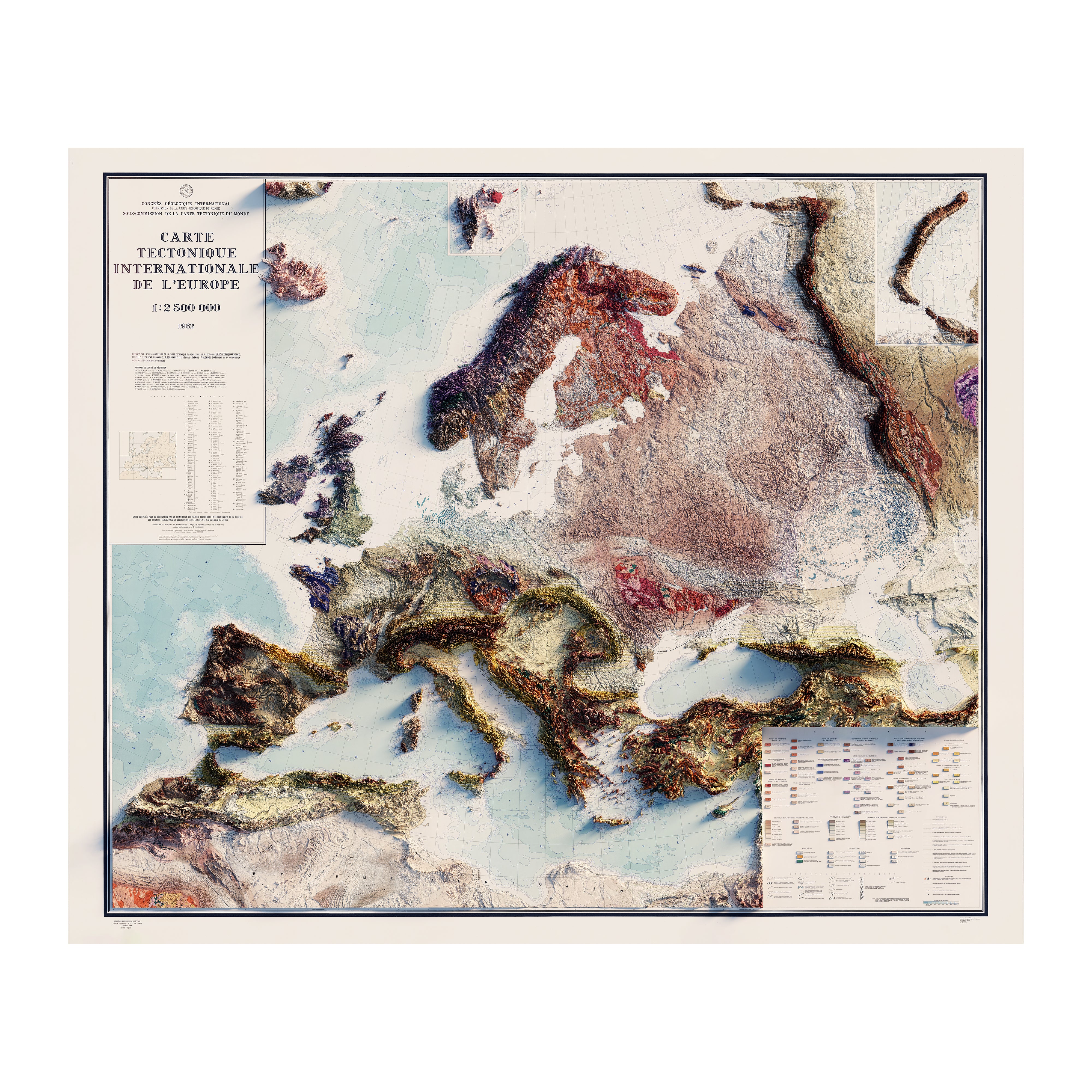 Vintage Carte Tectonique Internationale de L'Europe Relief Map - 1962