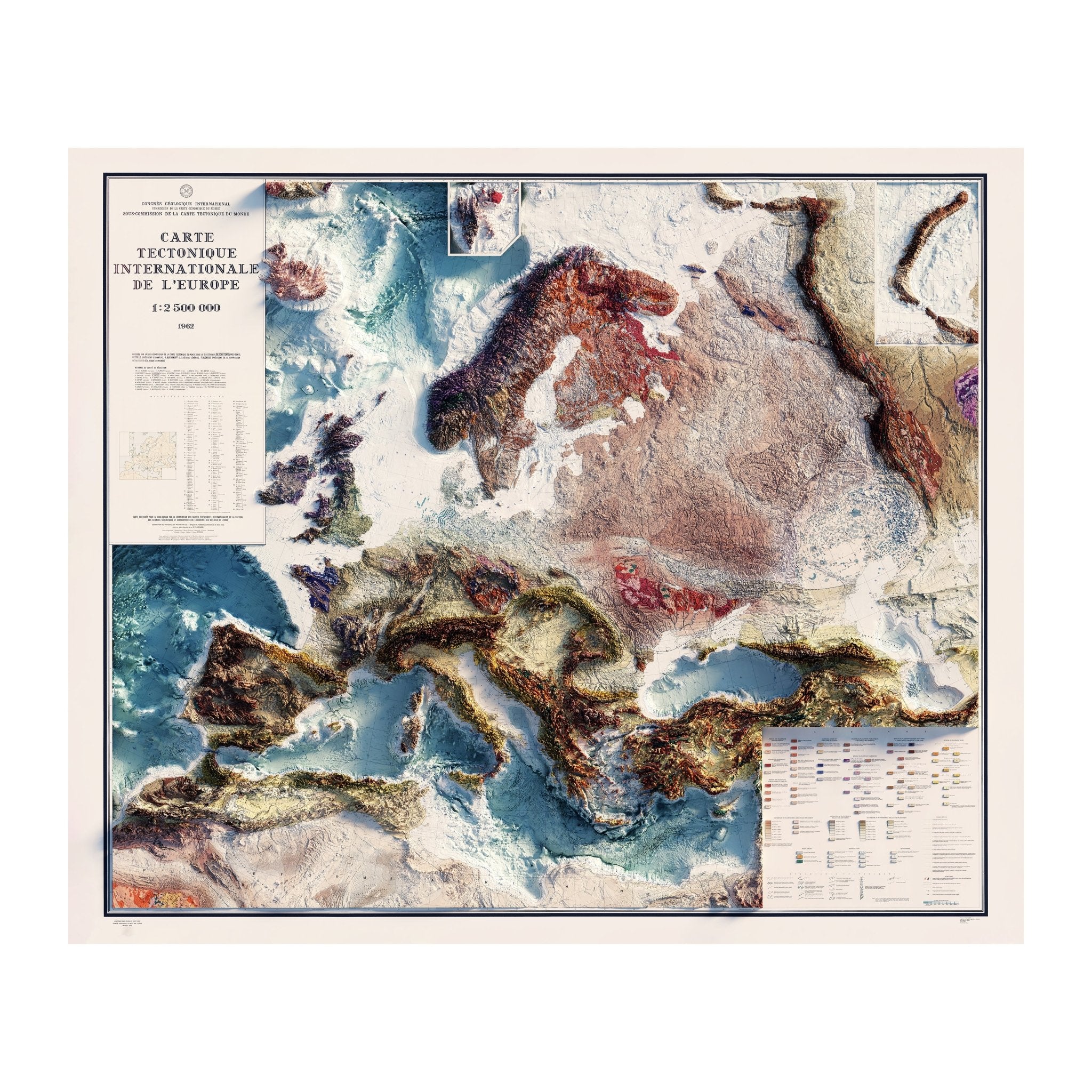 Carte Tectonique Internationale De L'Europe 1962 Shaded Relief Map - Muir Way - Vintage Relief