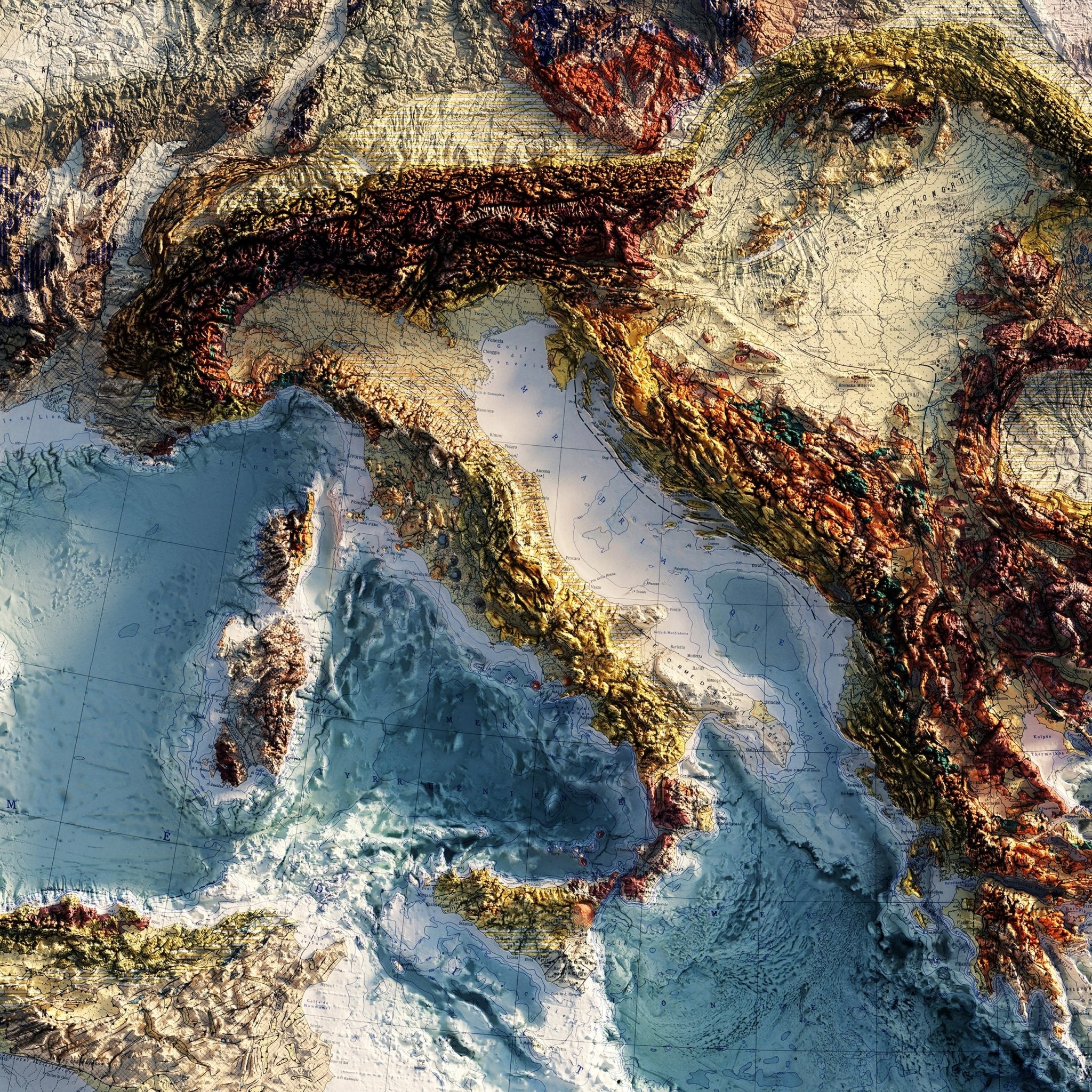 Carte Tectonique Internationale De L'Europe 1962 Shaded Relief Map - Muir Way - Vintage Relief