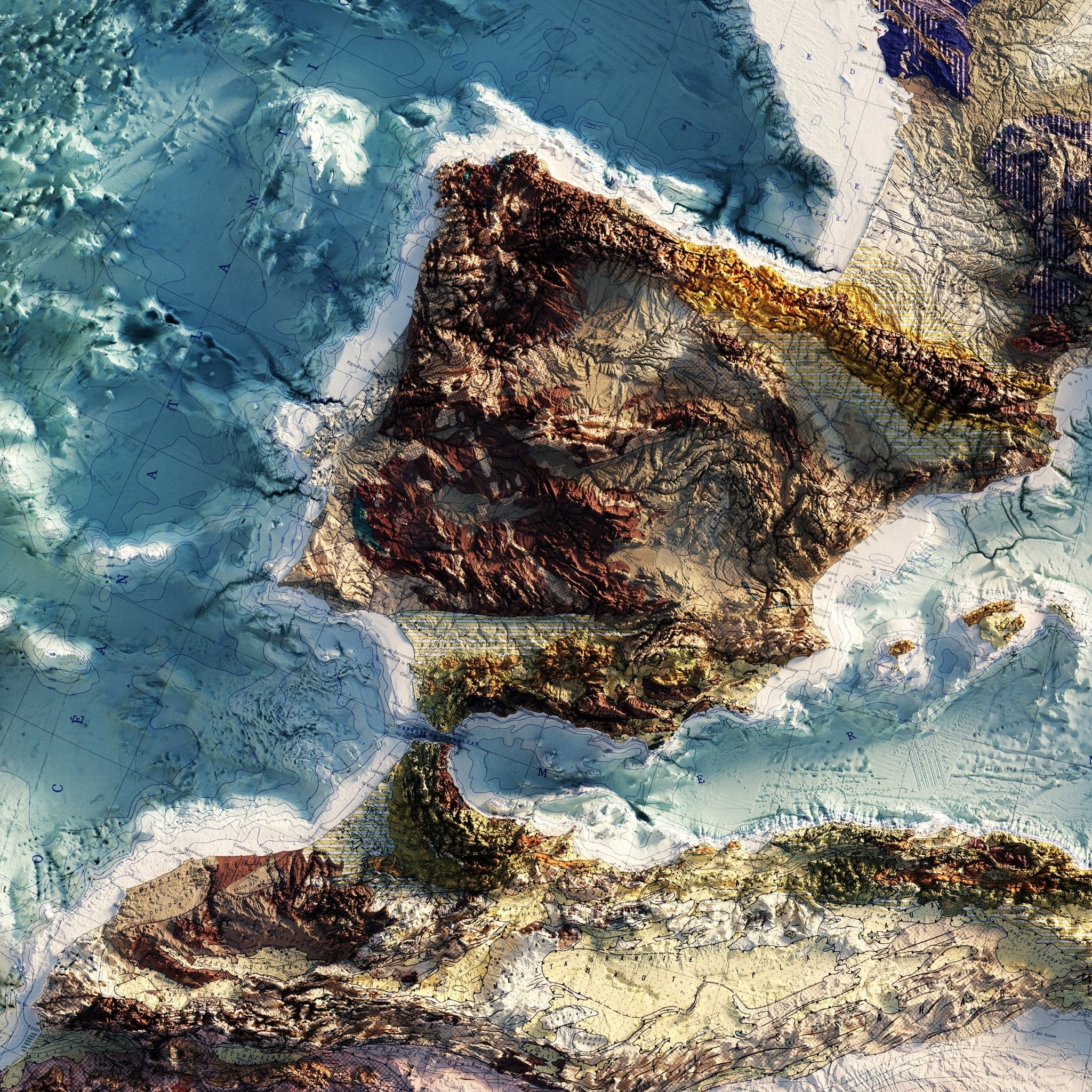 Carte Tectonique Internationale De L'Europe 1962 Shaded Relief Map - Muir Way - Vintage Relief