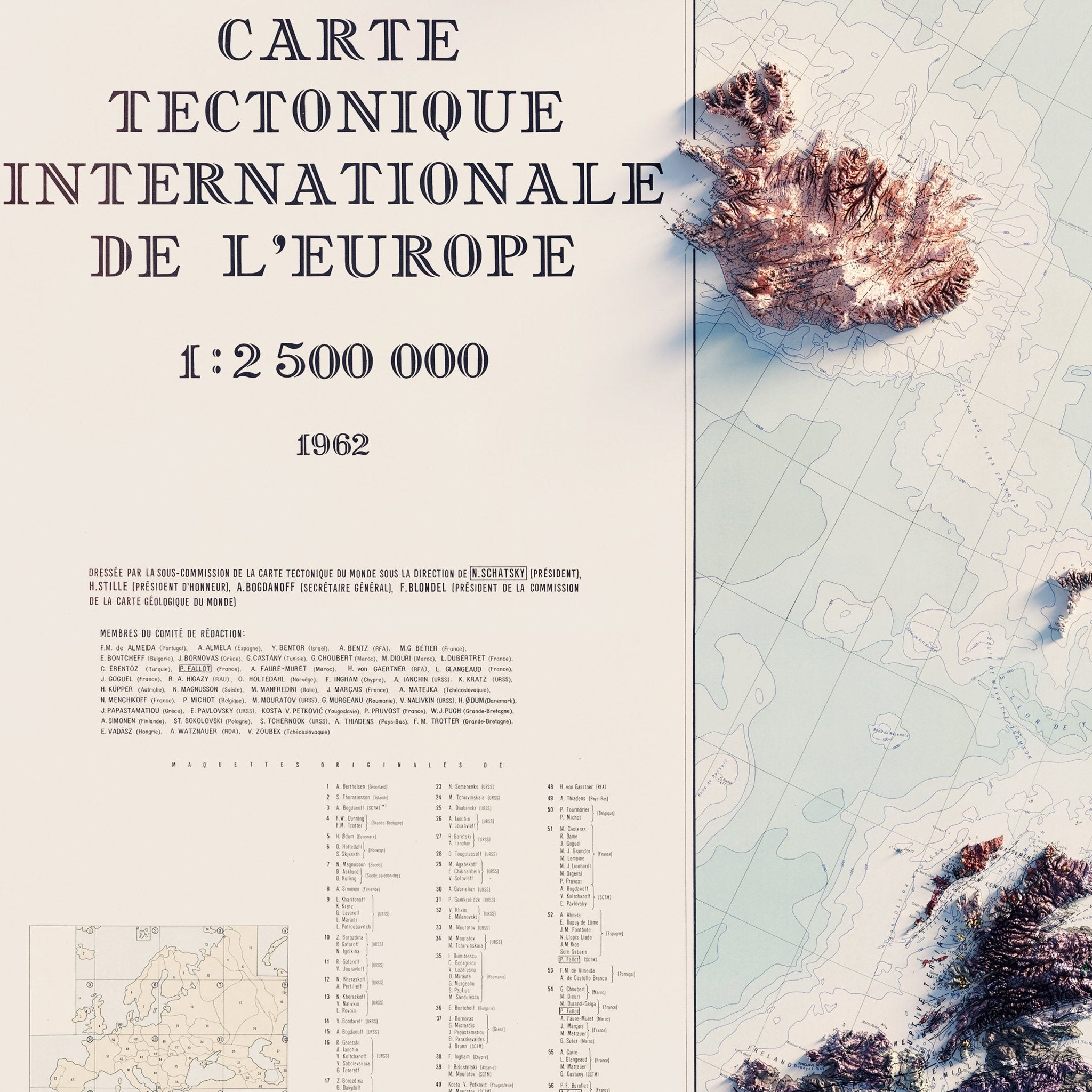 Carte Tectonique Internationale De L'Europe 1962 Shaded Relief Map - Muir Way - Vintage Relief