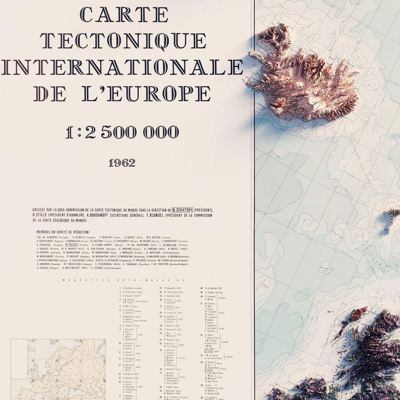 Carte Tectonique Internationale De L'Europe 1962 Shaded Relief Map - Muir Way - Vintage Relief