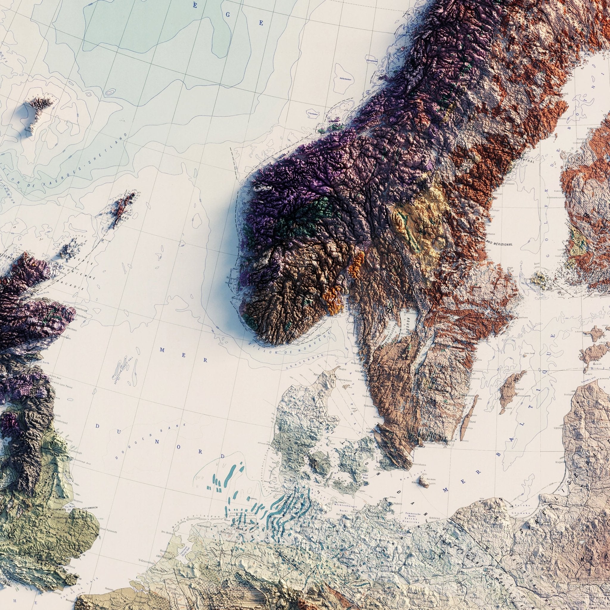 Carte Tectonique Internationale De L'Europe 1962 Shaded Relief Map - Muir Way - Vintage Relief