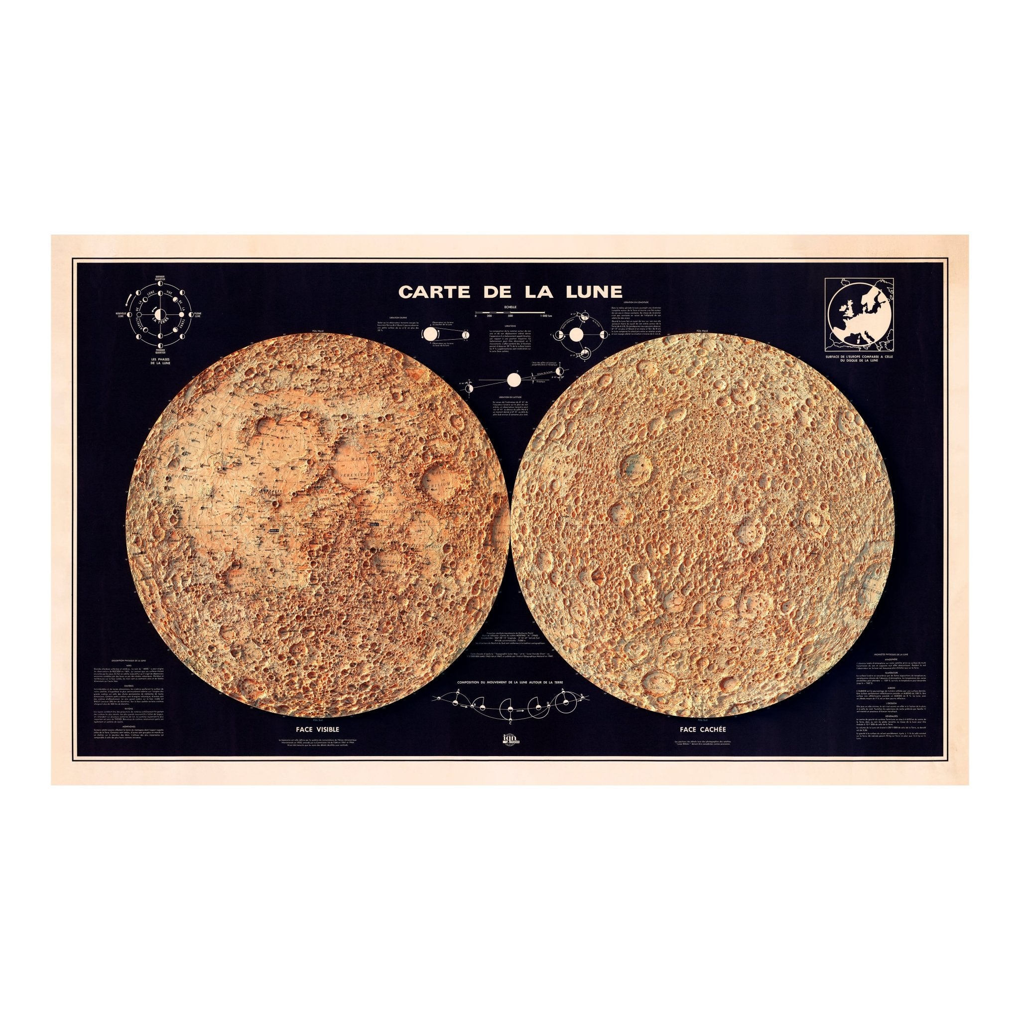 Carte de la Lune (Moon Map) 1969 Shaded Relief Map - Muir Way - Vintage Relief