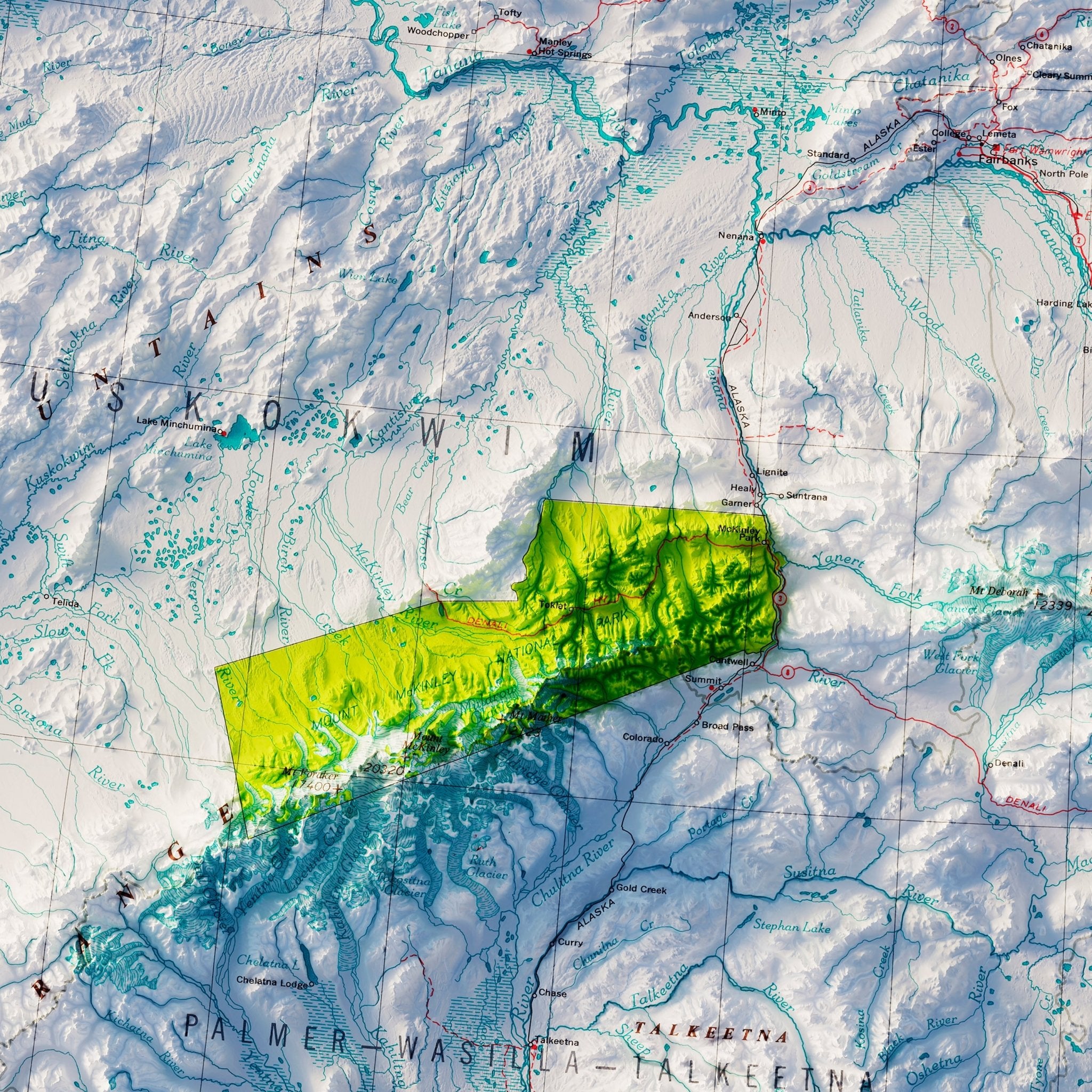 Central Alaska 1970 Shaded Relief Map - Muir Way - Vintage Relief
