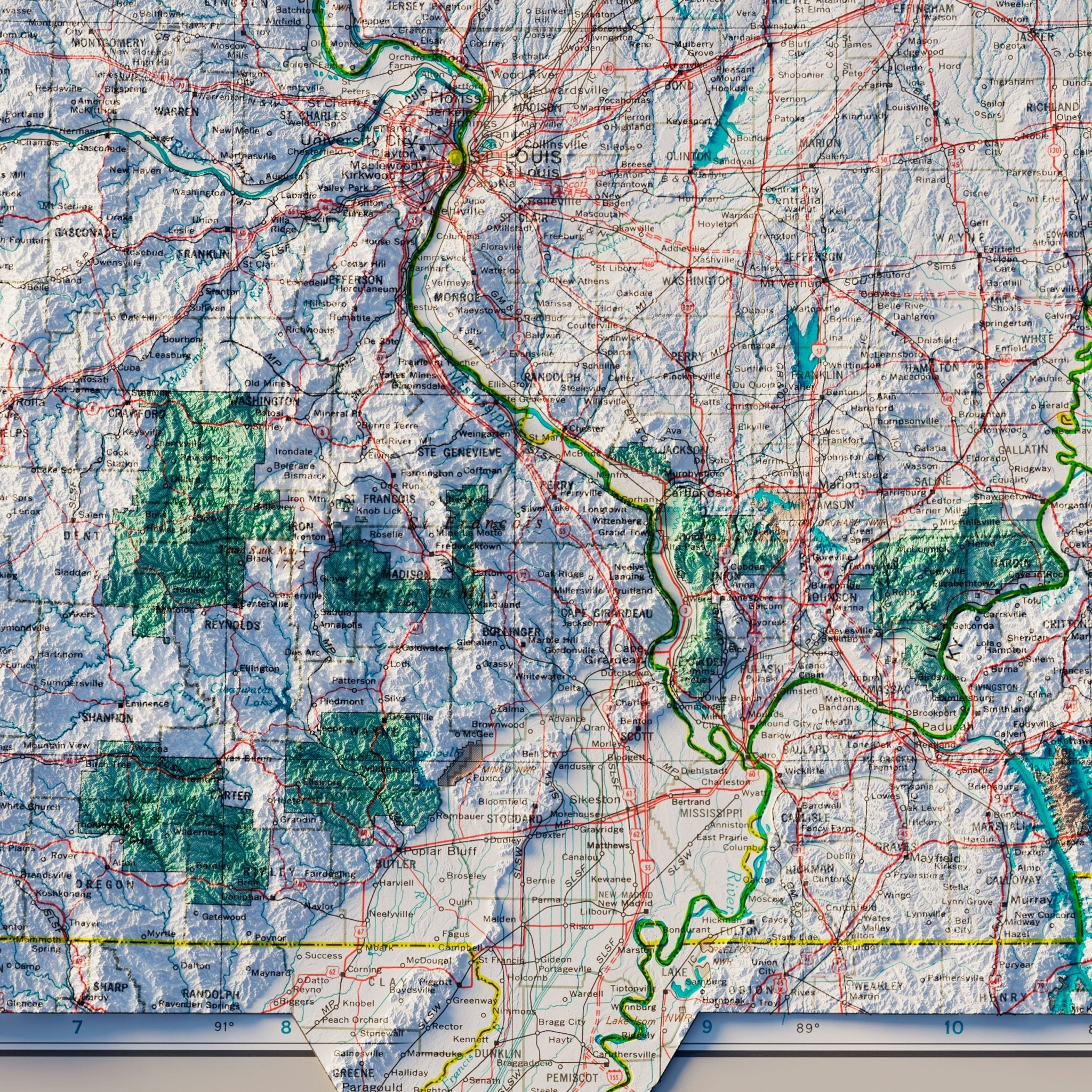 Central Mississippi Valley States 1970 Shaded Relief Map - Muir Way - Vintage Relief