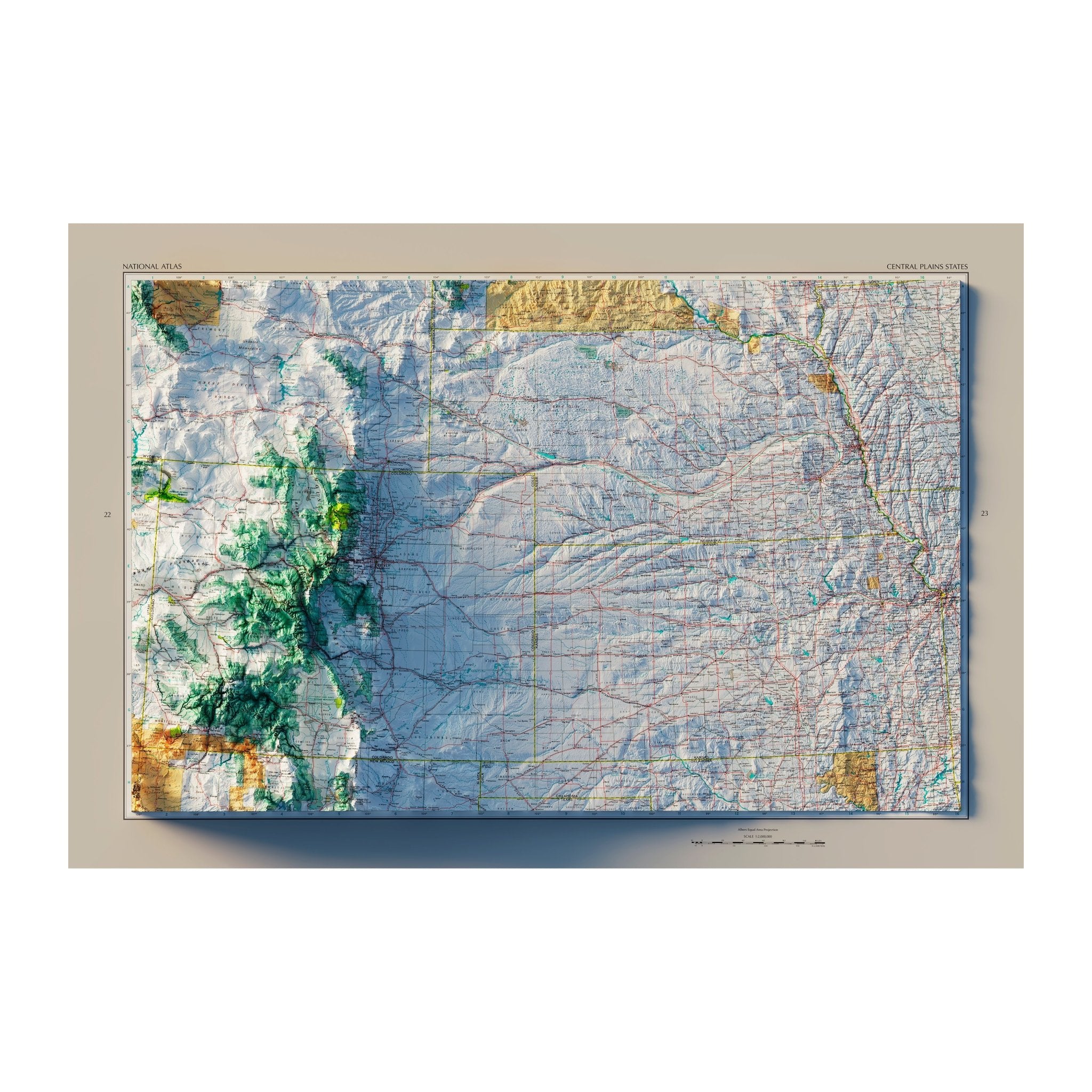 Central Plains States 1970 Shaded Relief Map - Muir Way - Vintage Relief