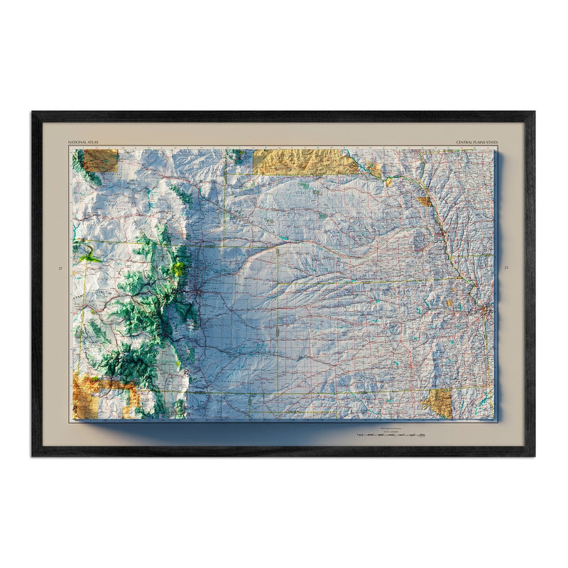 Central Plains States 1970 Shaded Relief Map - Muir Way - Vintage Relief