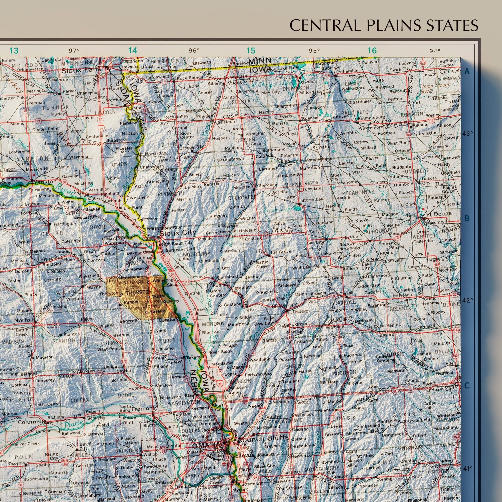 Central Plains States 1970 Shaded Relief Map - Muir Way - Vintage Relief
