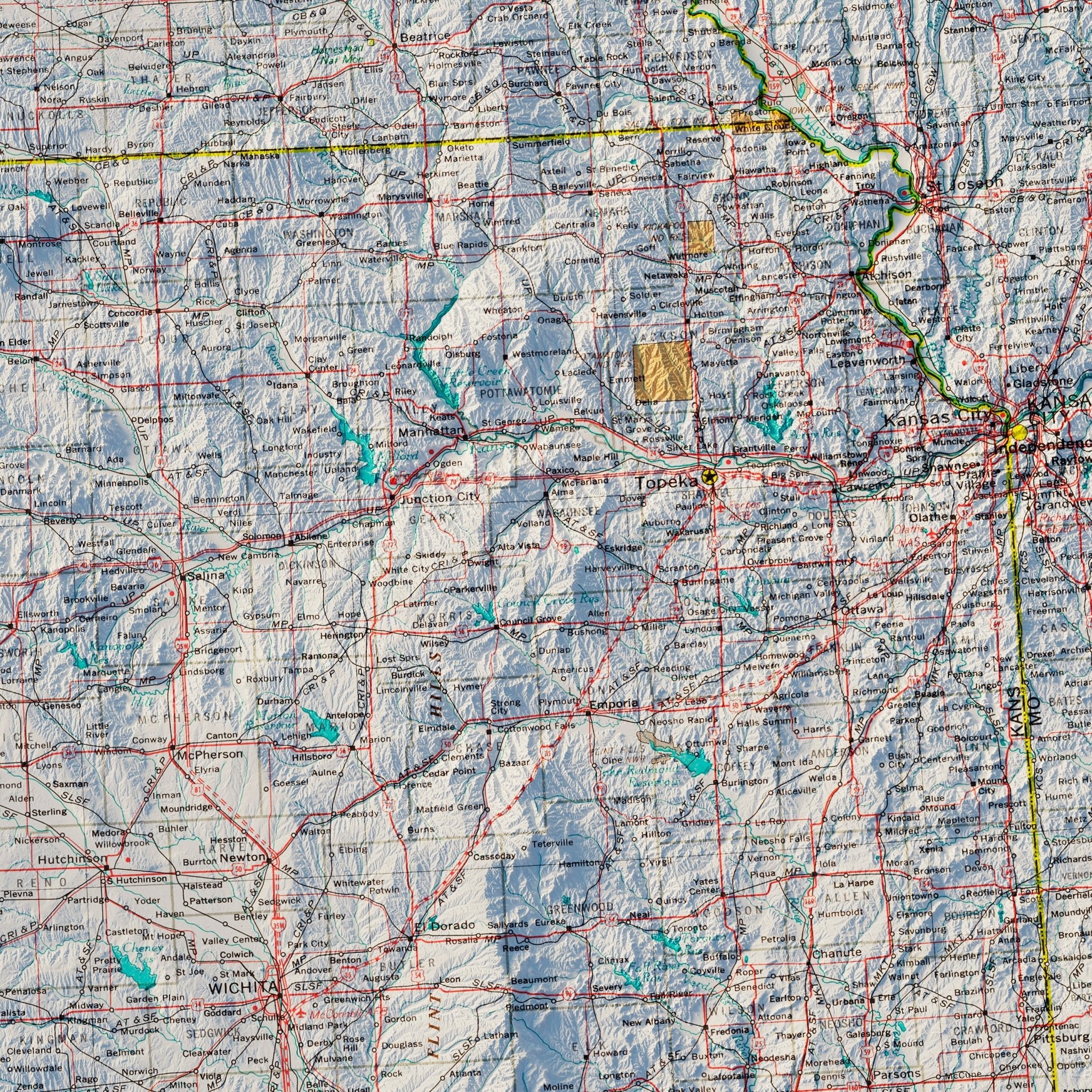 Central Plains States 1970 Shaded Relief Map - Muir Way - Vintage Relief