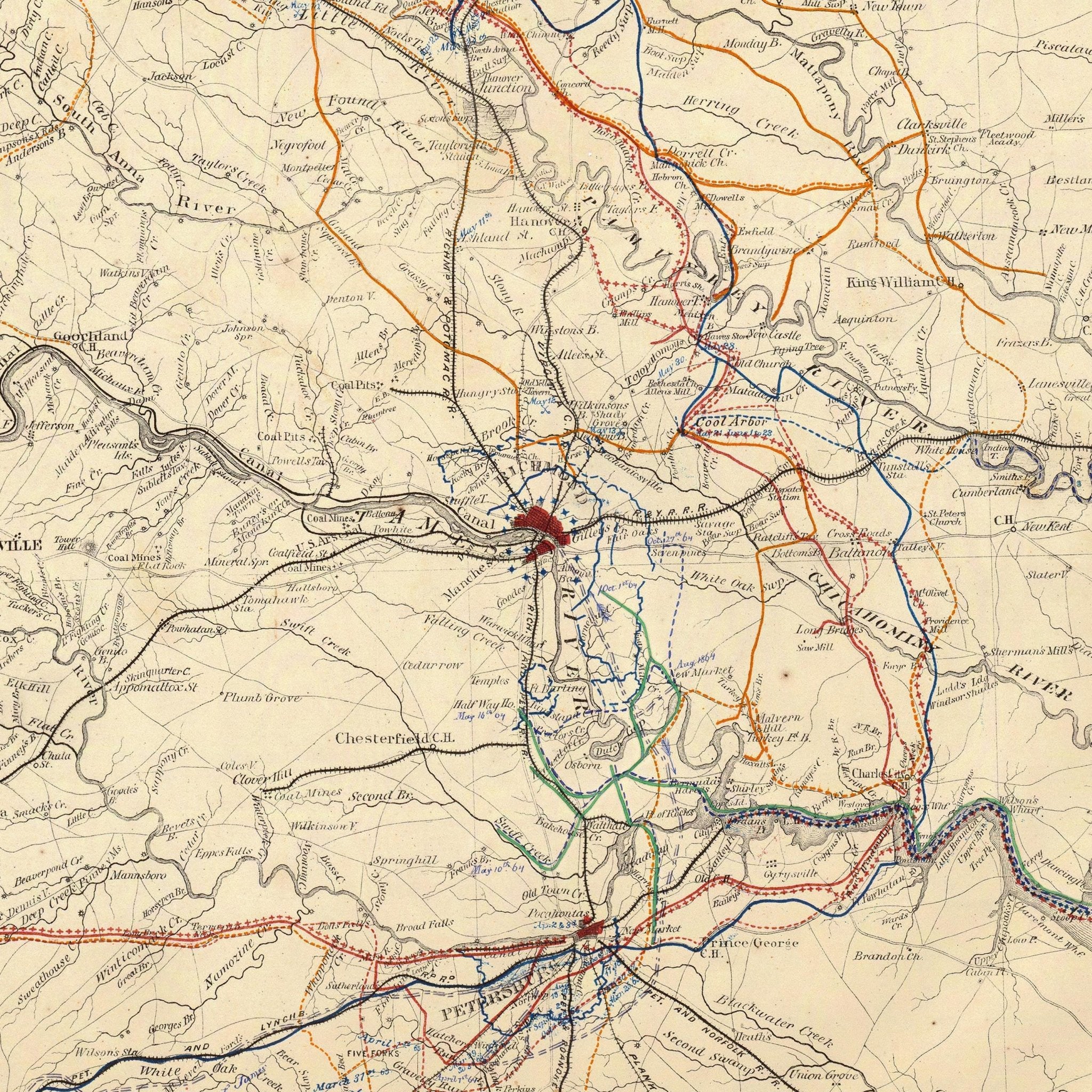 Central Virginia Map Showing Lieutenant General U.S. Grant's Campaign - Muir Way - Vintage Map