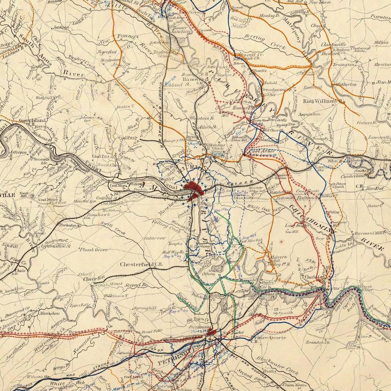Central Virginia Map Showing Lieutenant General U.S. Grant's Campaign - Muir Way - Vintage Map
