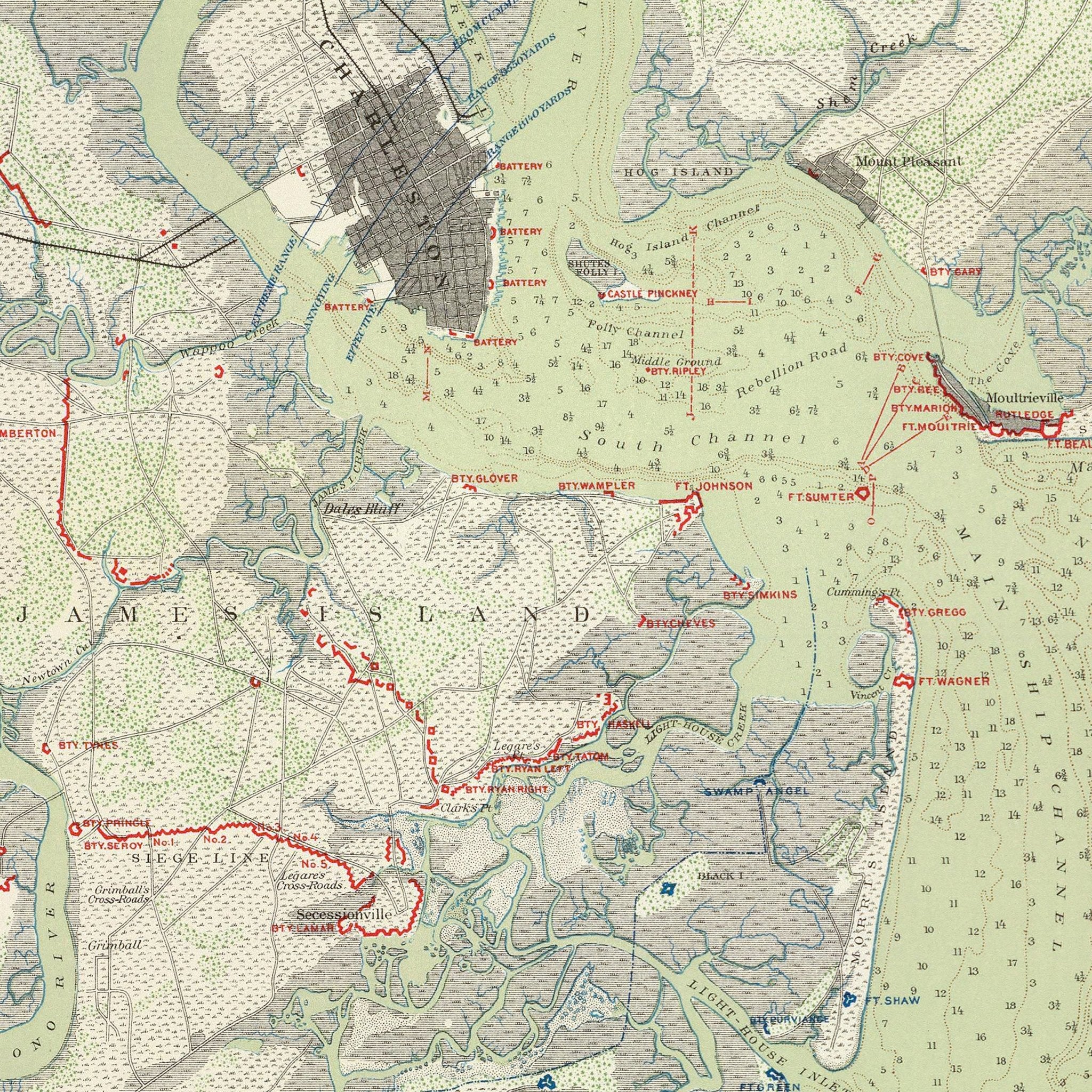 Charleston Defenses, Belmont Battlefield - Muir Way - Vintage Map